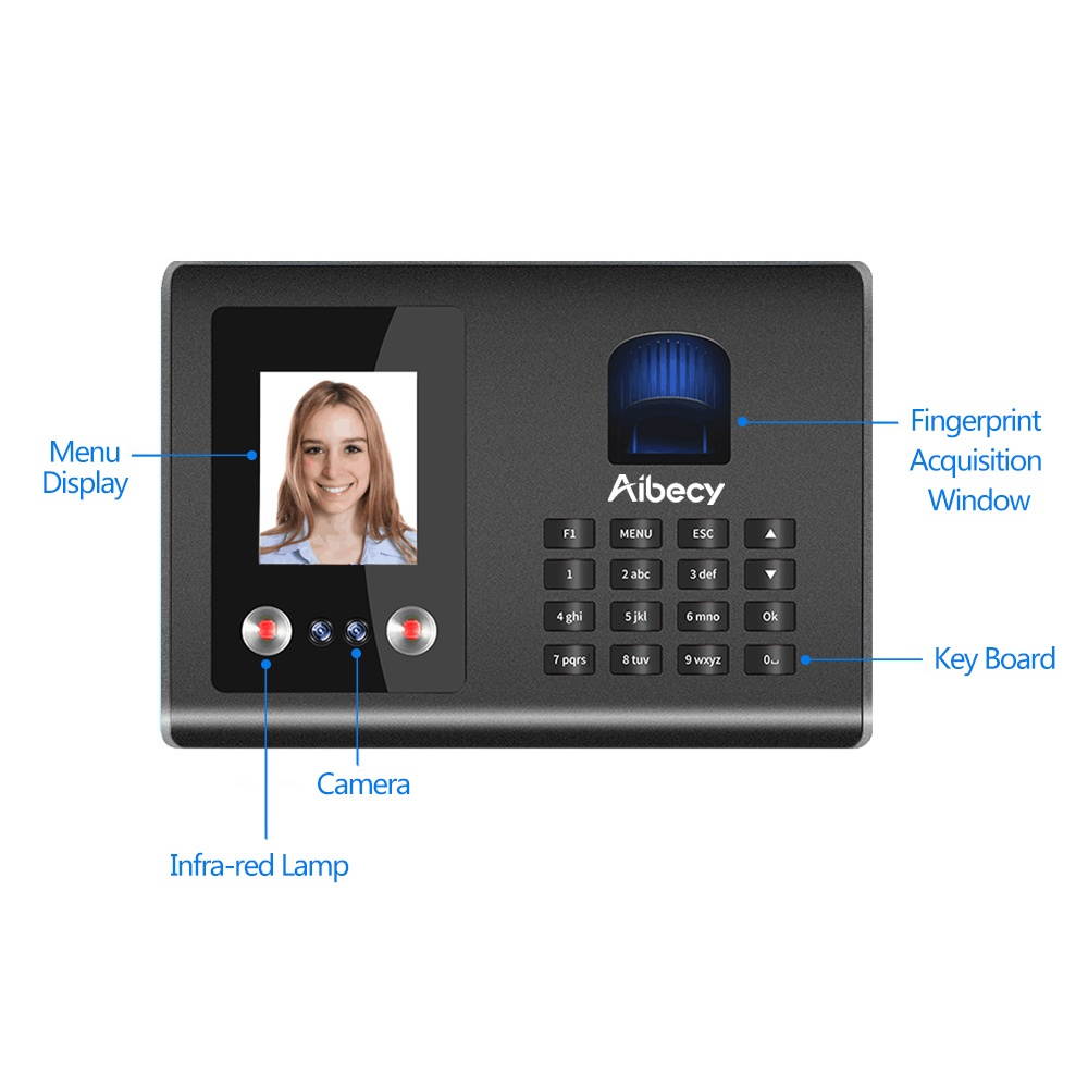 Aibecy Intelligent Attendance Machine Face Fingerprint Password Recognition Mix Biometric Time Clock for Employees with Voice Broadcast Function Support Multi-language