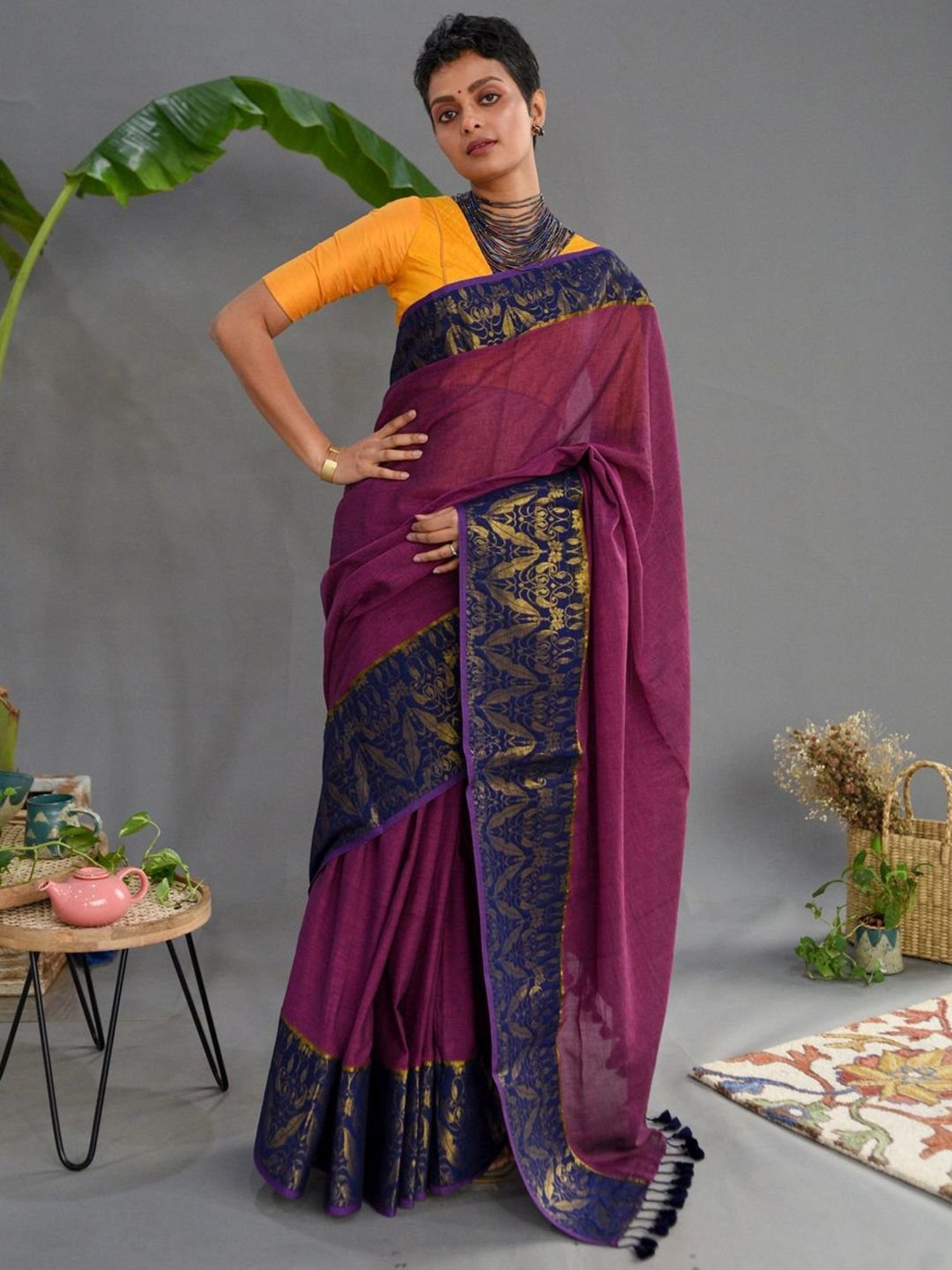 Suta Purple & Navy Cotton Woven Saree Without Blouse