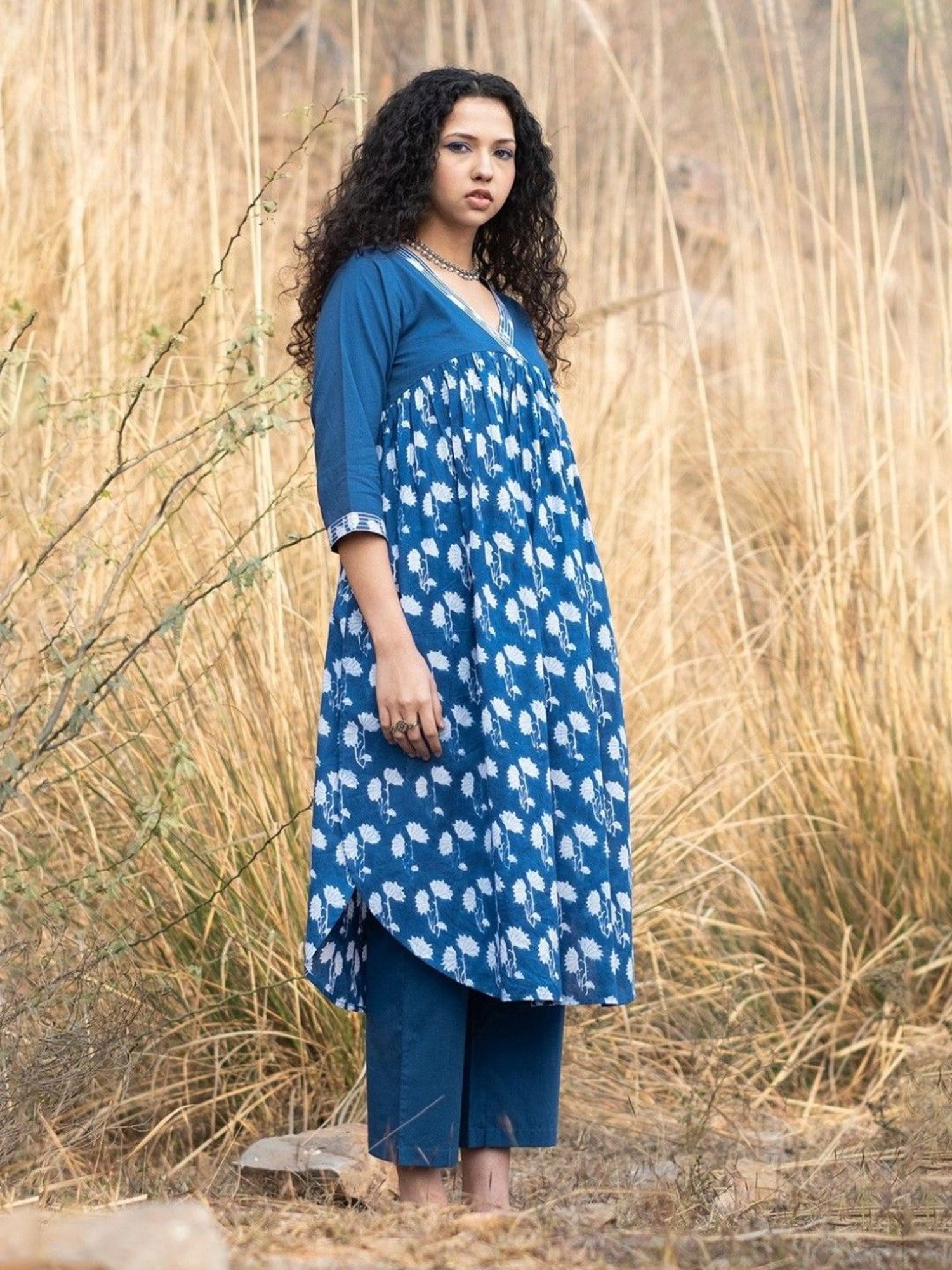 Akiso Neela Indigo Block Printed Gathered Kurta With V Neck Embroidered Neckline