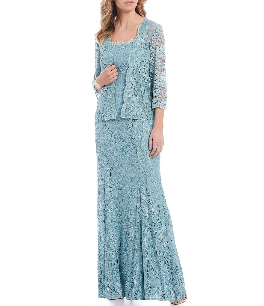 Le Bos Embroidered Stretch Lace 3/4 Sleeve Square Neck 2-Piece Jacket Dress