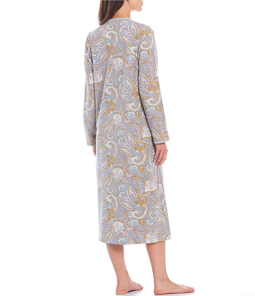 Miss Elaine Petite Paisley Print French Terry Long Sleeve Zip Front Round Neck Long Robe