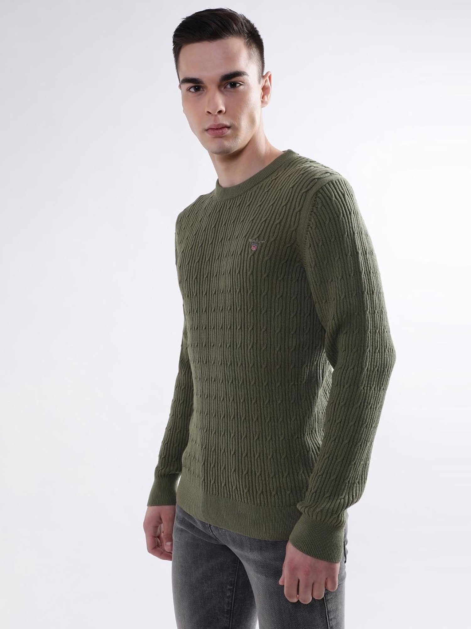 GANT Olive Green Cotton Regular Fit Self Pattern Sweater