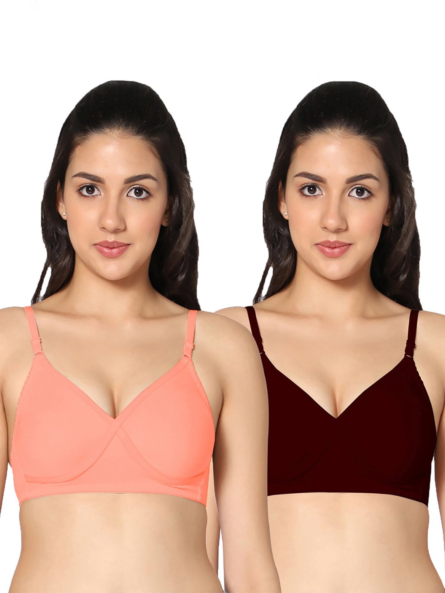 IN CARE Peach & Maroon Full Coverage Non-Wired T-Shirt Bra - Pack of 2