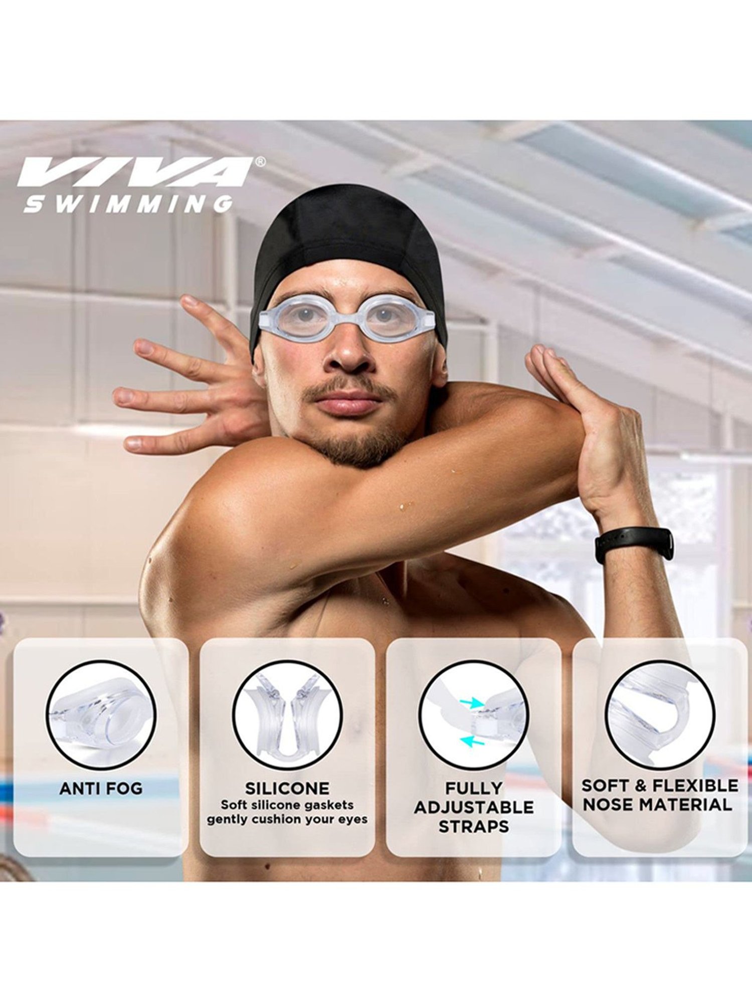 Viva Swimming Flex Double Silicone Strap Swimming Goggle (White)