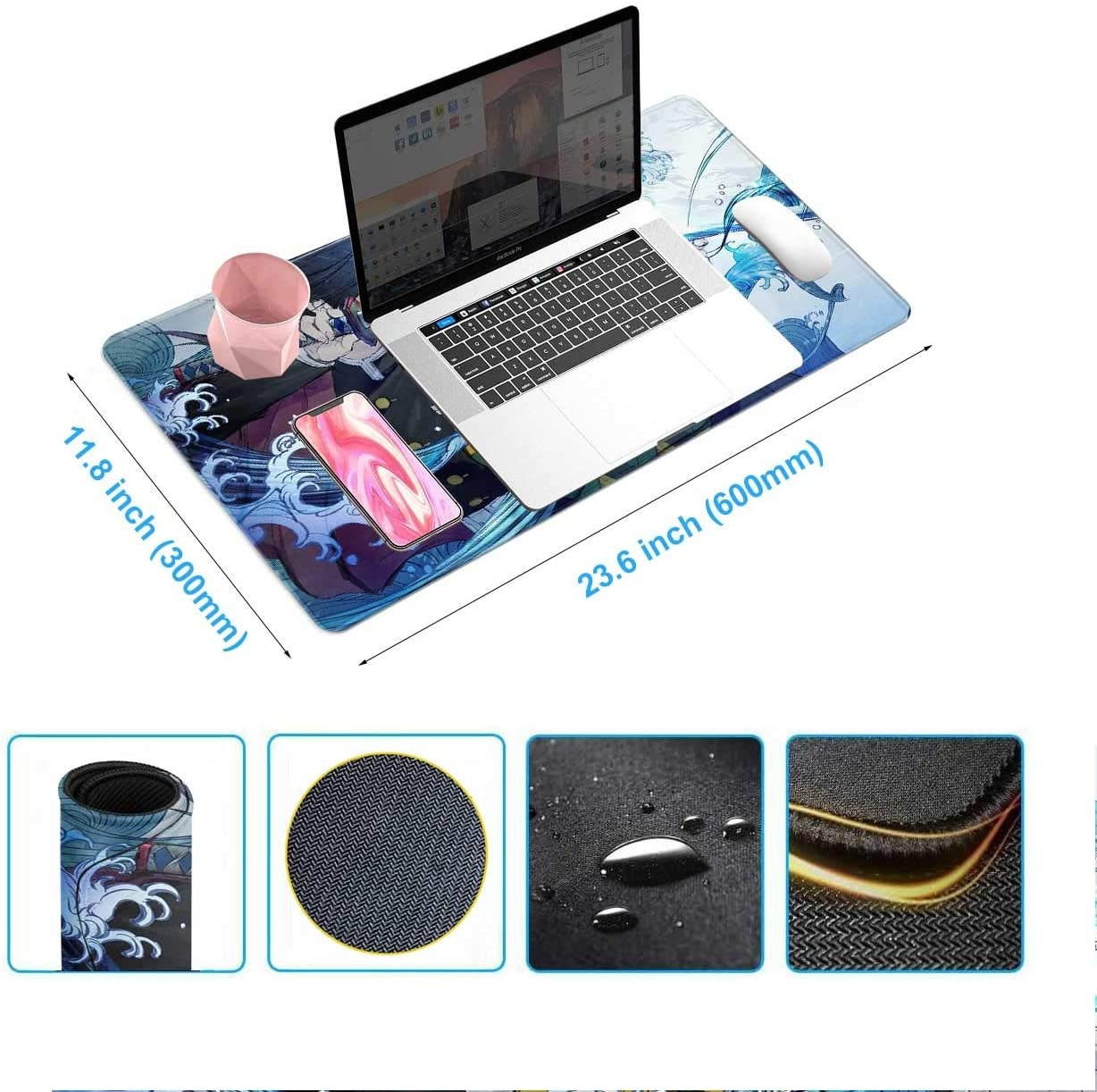 Gaming Mouse Pad Anime Demon Slayer Giyu Tomioka Katana,Laptop Desk Pad,Mousepad with Stitched Edge Frame & Non-Slip Rubber Base,Computer Keyboard and Mice Pads Mouse Mat 23.6X11.8