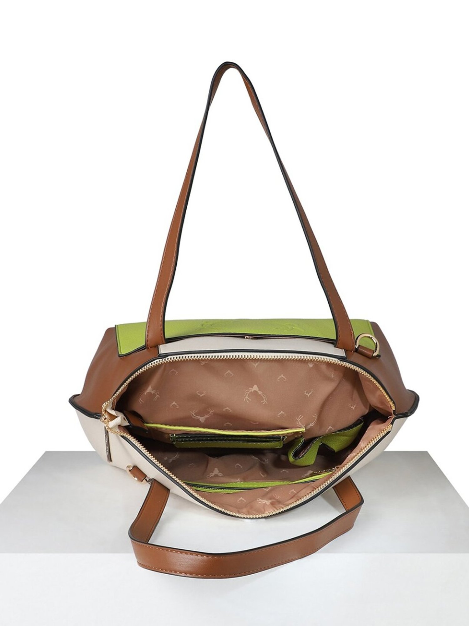 Allen Solly Green & Brown Color Block Medium Shoulder Handbag