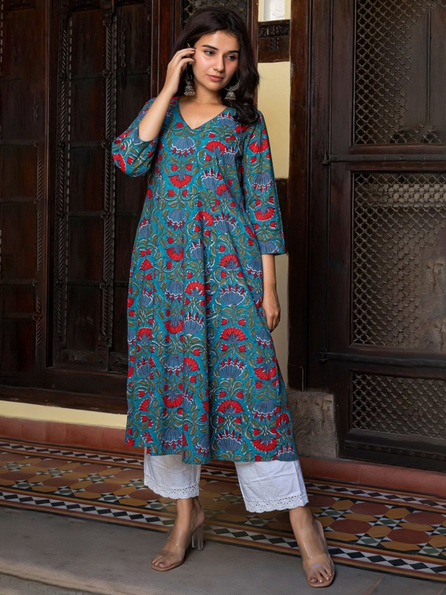 Eeshva India Green Hand Blocked Kali Kurta In Cotton