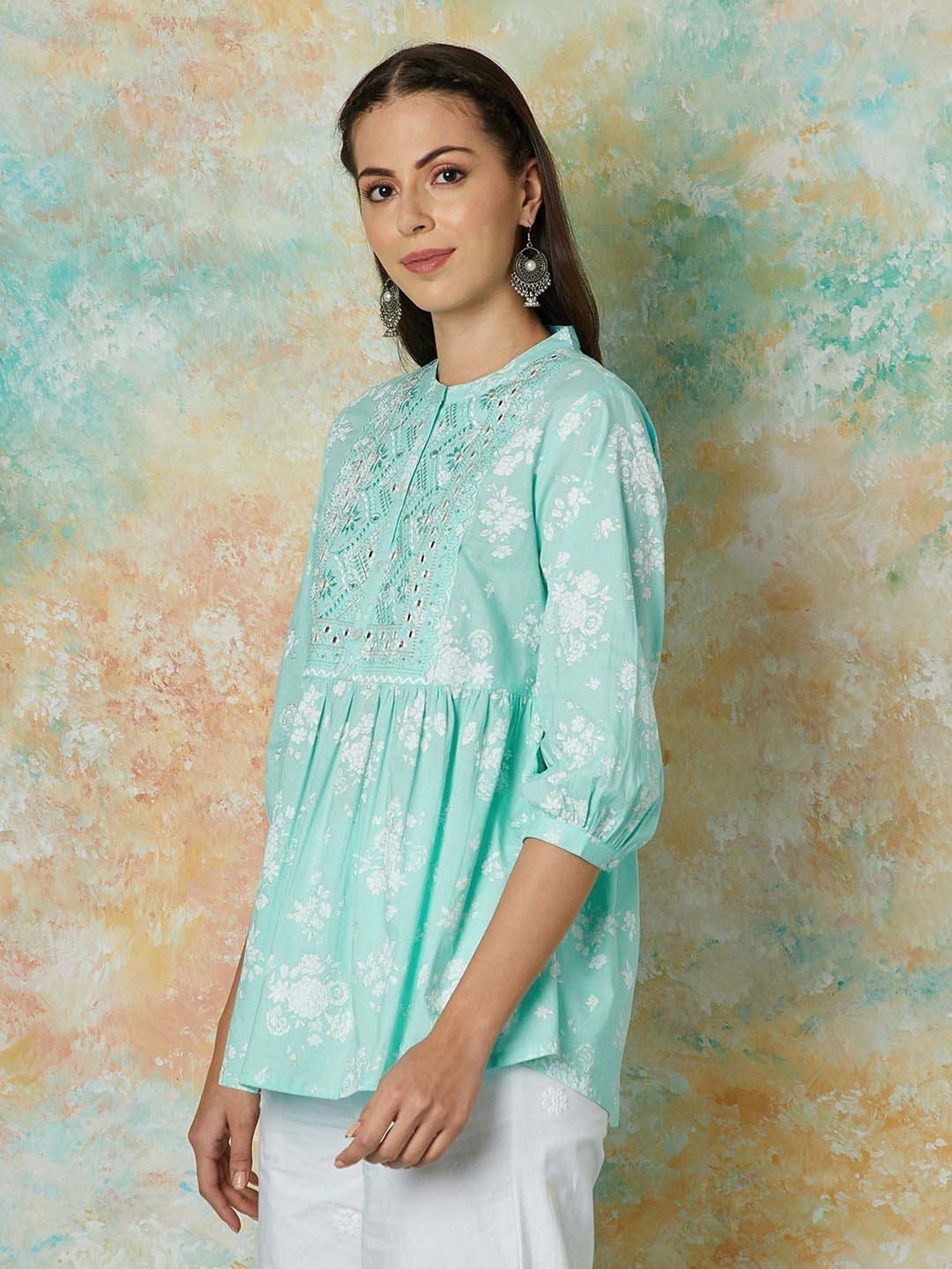 Melange by Lifestyle Blue Cotton Embroidered Tunic