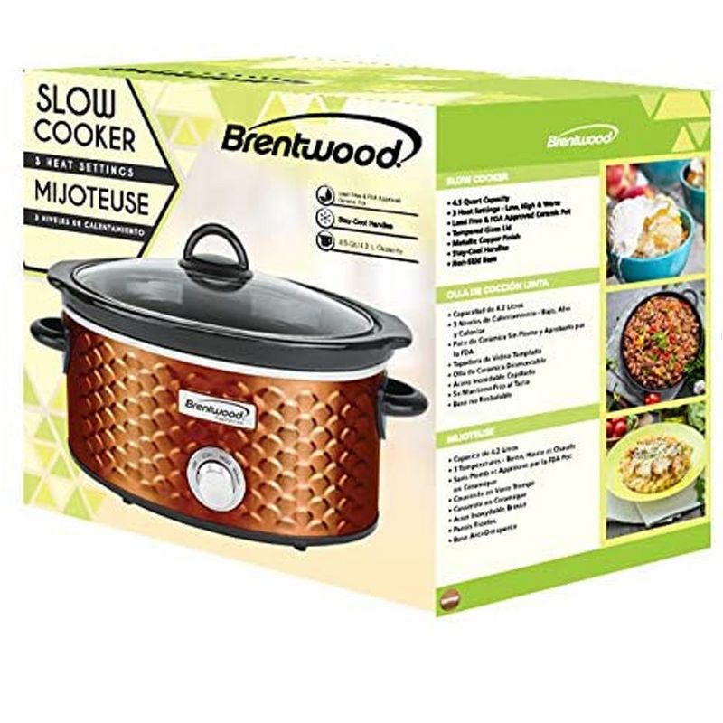 Brentwood SC-140C 220 Watt 4.5 Quart Adjustable Temperature Kitchen Slow Cooker Pot with Clear Glass Lid, Scalloped Copper