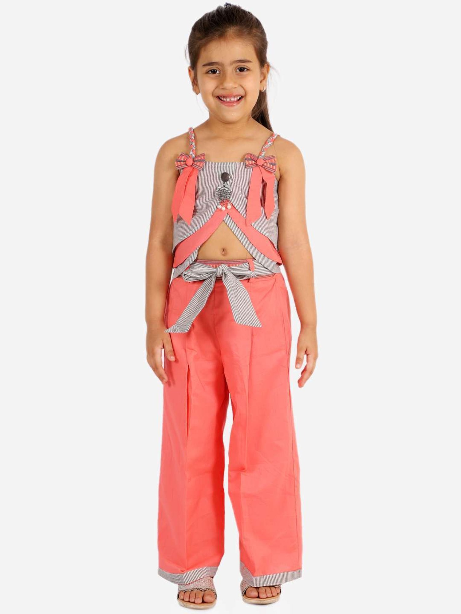 TWISHA Kids Pink & Grey Striped Top Set
