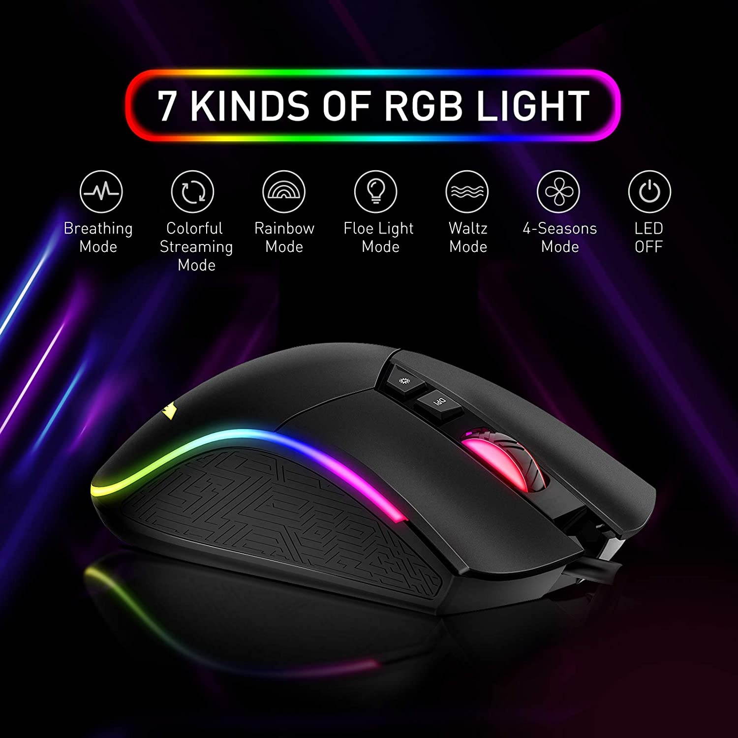 Havit RGB Gaming Mouse Wired Programmable Ergonomic USB Mice 4800 Dots Per Inch 7 Buttons & 7 Color Backlit for Laptop PC Gamer Computer Desktop (Black)