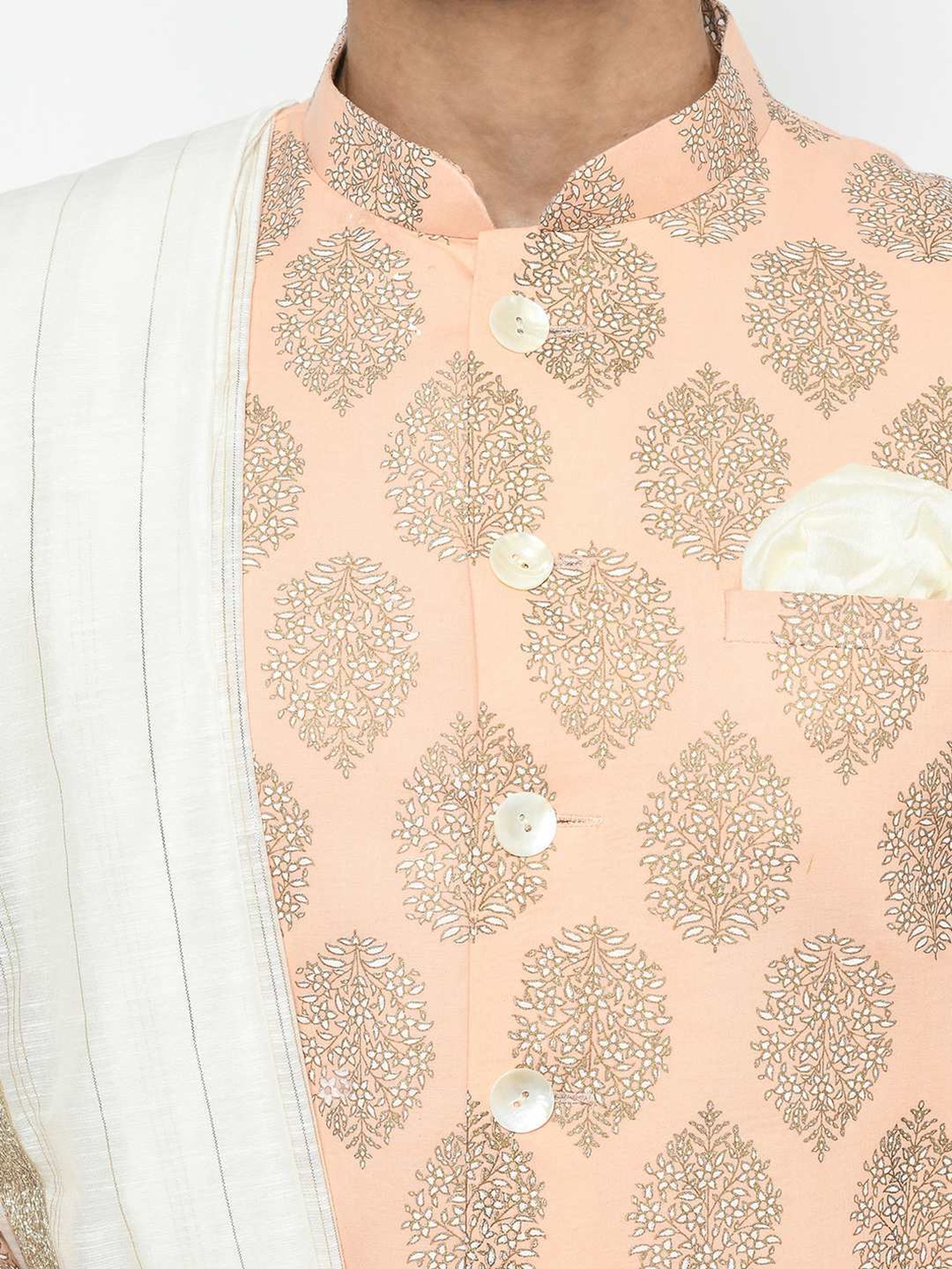 KISAH Peach & White Cotton Regular Fit Printed Sherwani Set