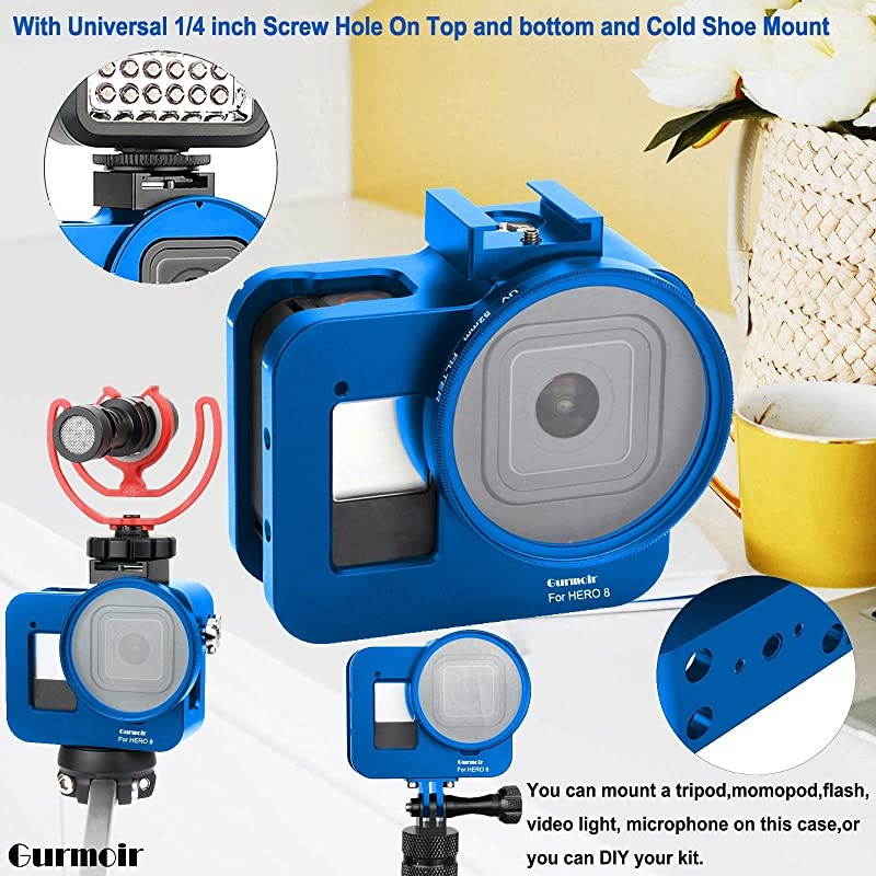 Case Aluminum Alloy Back Door Housing Frame for Gopro Hero 8 Black Action Camera Wire connectable Protective Metal Side Open Shell with 52mm UV Filterfor Gopro Hero 8 Blue