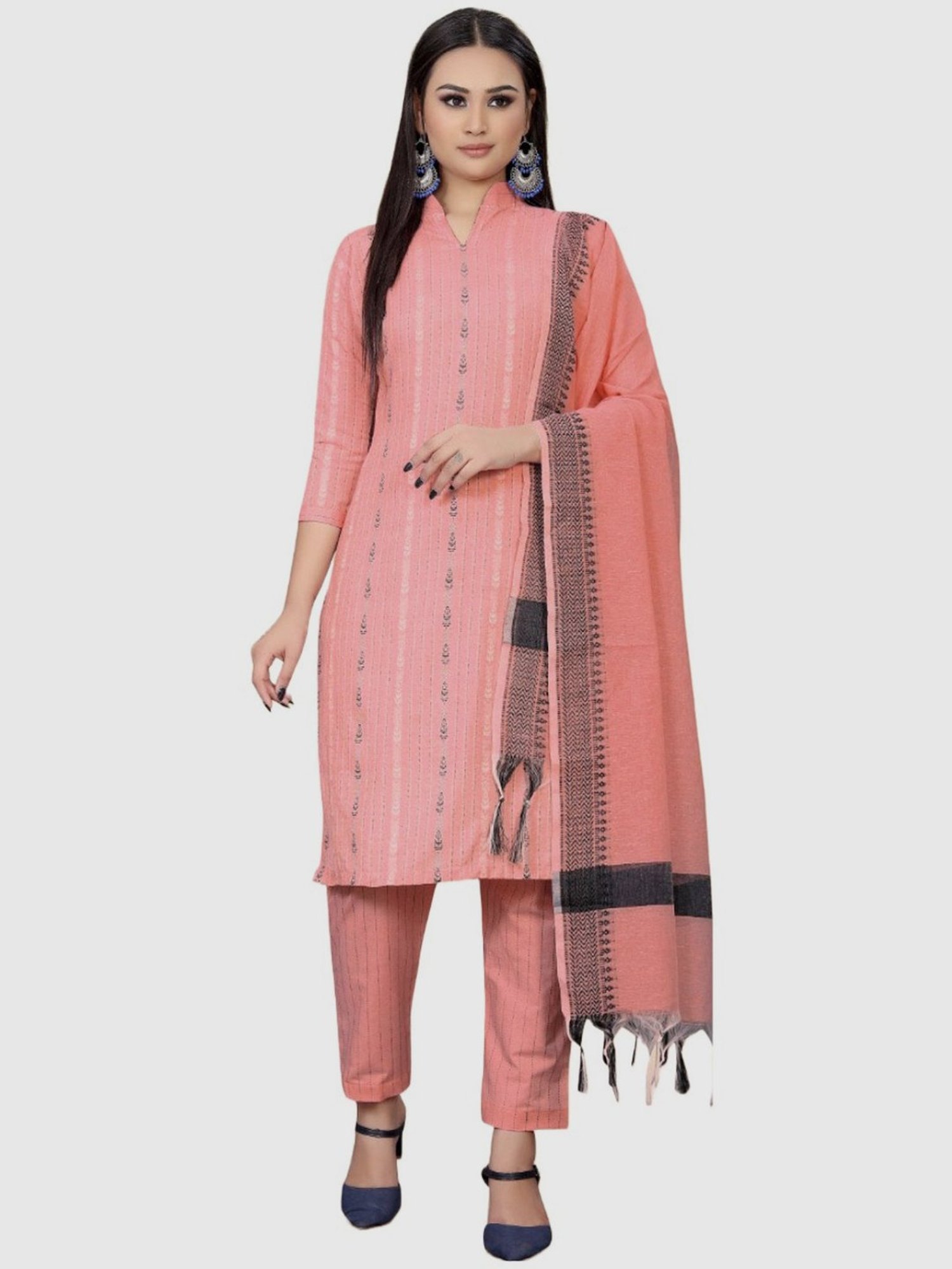 APNISHA Pink Cotton Striped Unstitched Dress Material