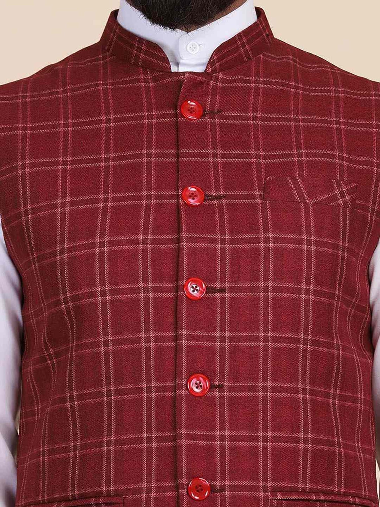 TAHVO Red Slim Fit Checks Nehru Jacket