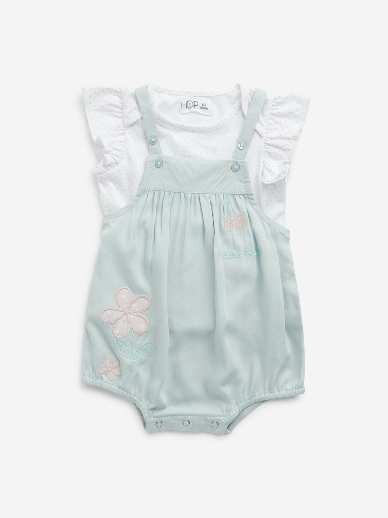 HOP Baby by Westside Mint Floral Embroidered Dungaree with Top Set