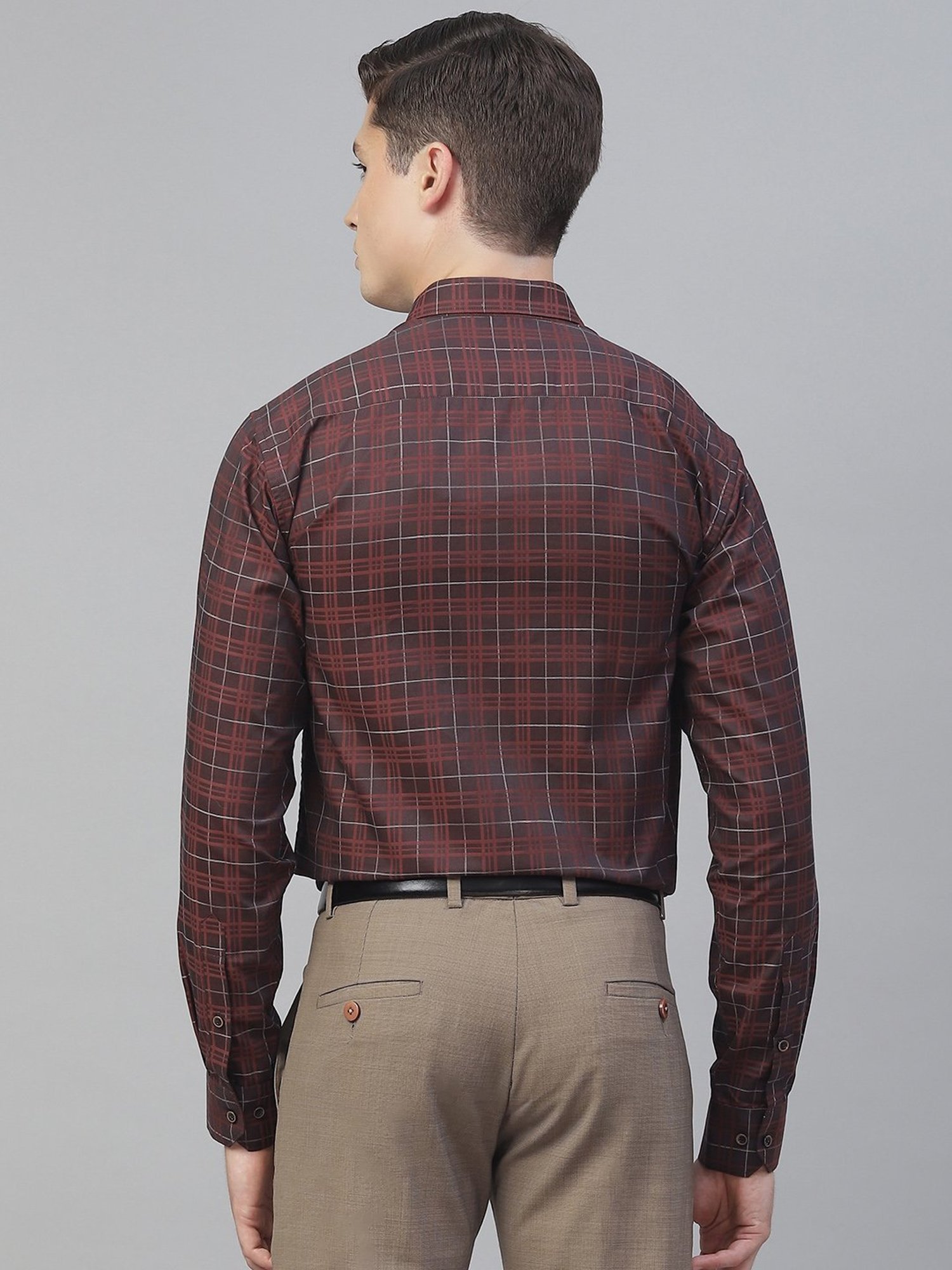 ManQ Dark Maroon Cotton Regular Fit Checks Shirt