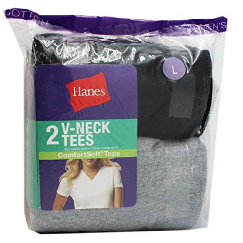 Hanes Women's Black Jersey V-Neck 51W2BK, L, Black Assorted (Pack of 2)
