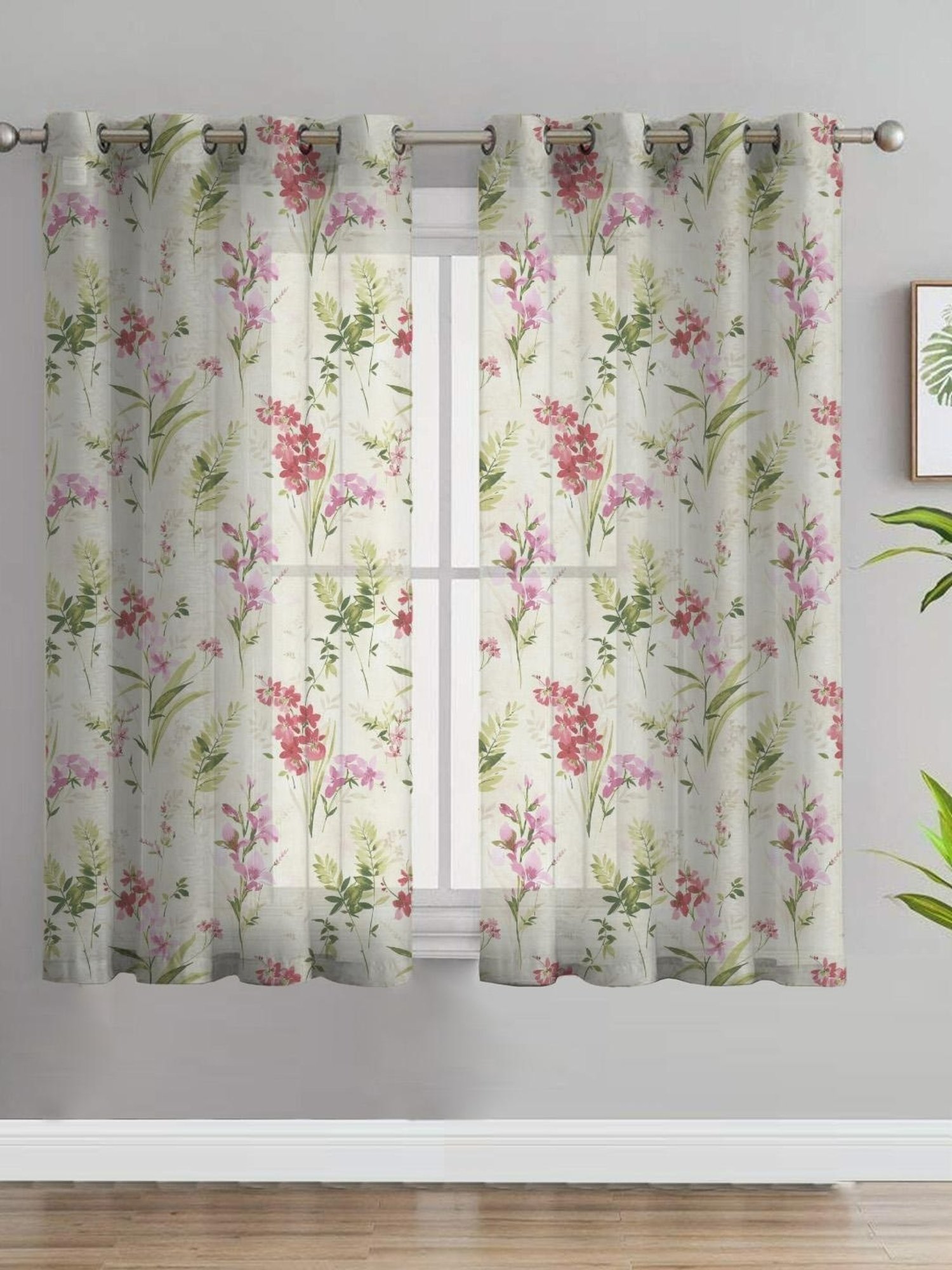 SPACES DRAPE STORY Elegent Floral Pink & White Polyester 5 ft Window Curtains - Set of 2