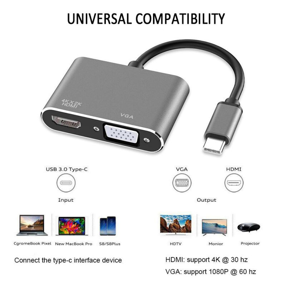 USB C to HDMI VGA Adapter, 2 in 1 Type C to VGA HDMI Converter Adaptor with 4K UHD, 1080P VGA, Dual Screen Display Converter Compatible with Mac Book, Chromebook, HUAWEI, 2019 iPad Pro and more