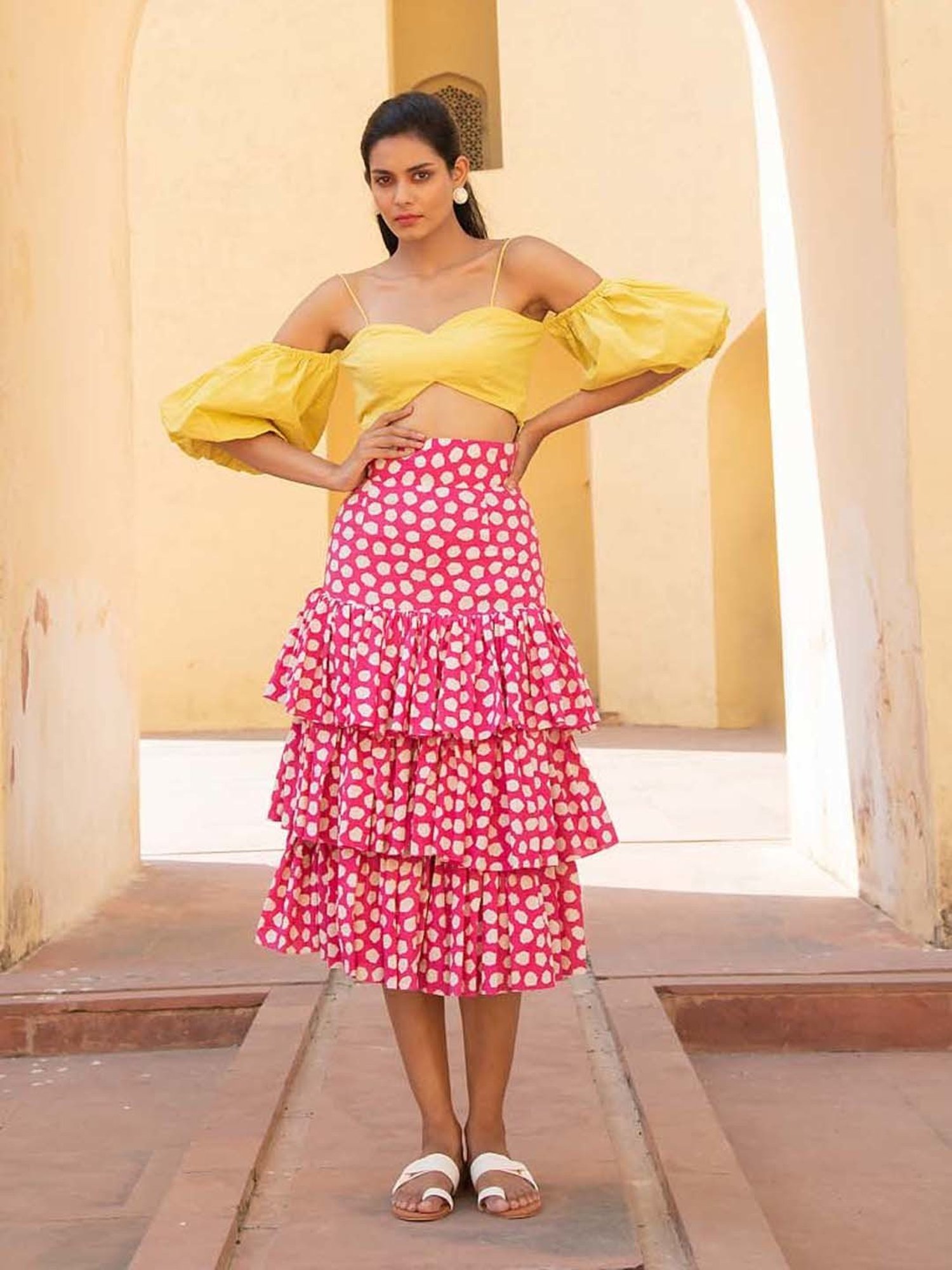 KAORI BY SHREYA AGARWAL Yellow & Pink Cotton Crop Top Skirt Set