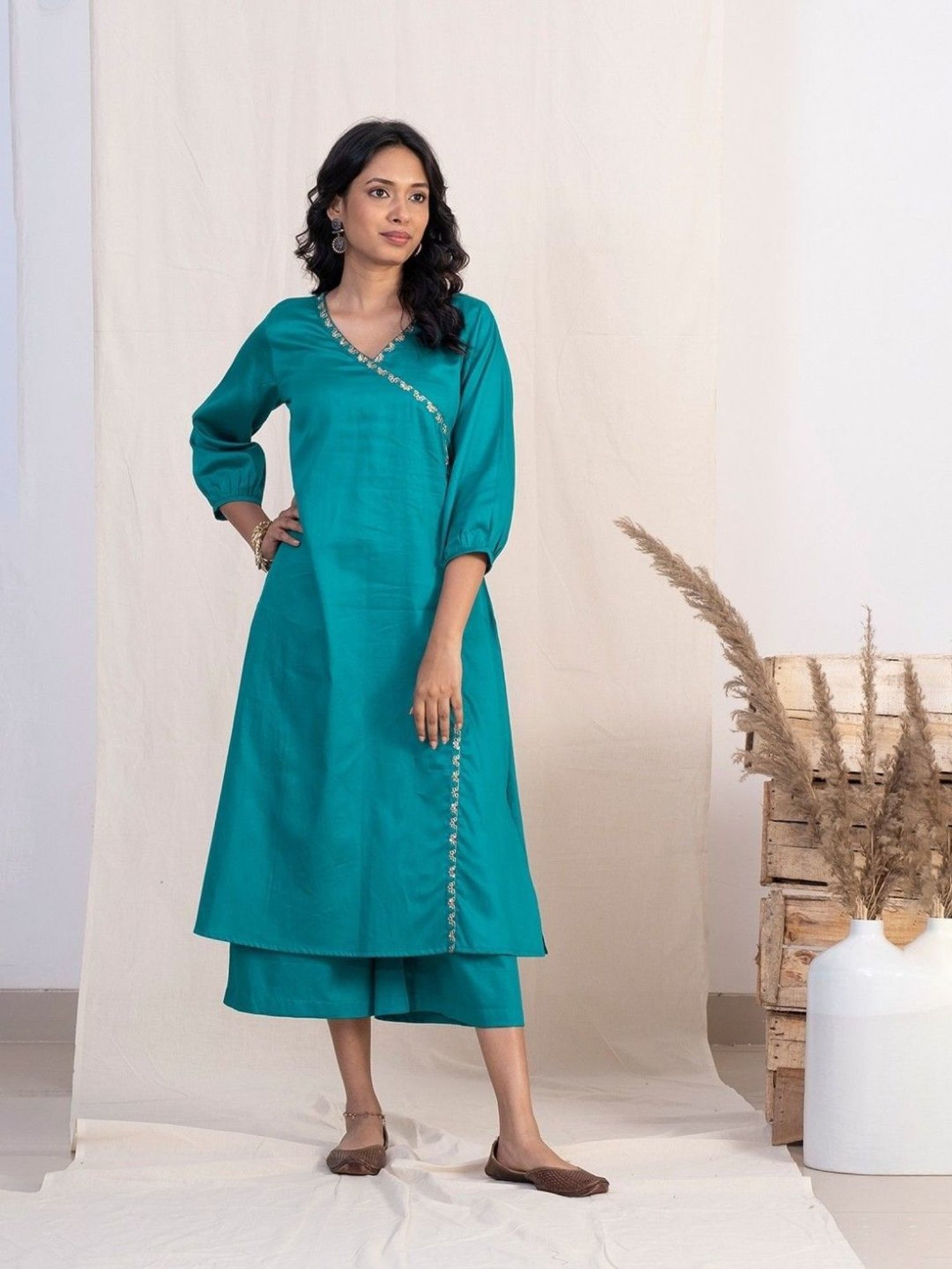 Akiso Jashn Blue Angrakha Embroidery Kurta Set With Plazzo And Pink Dupatta