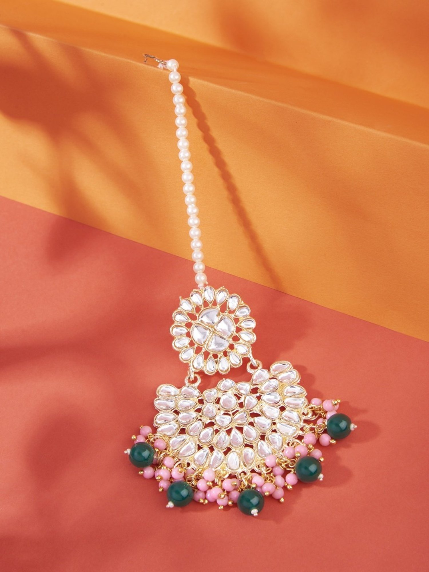 Zaveri Pearls Pink & Green Cluster Beads Drop Bridal Kundan Maangtikka-ZPFK13562