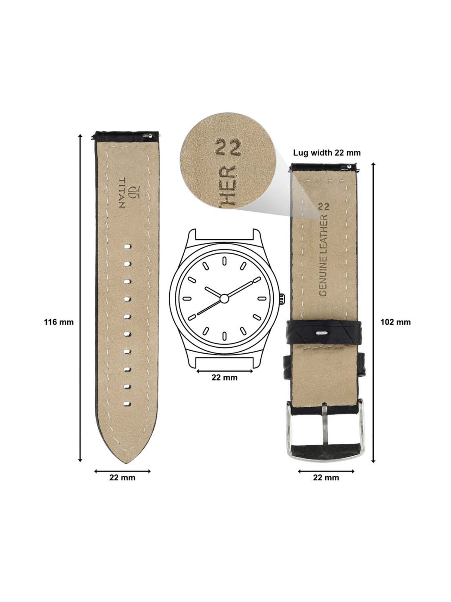 Titan 22 mm Black Genuine Leather Strap for Men