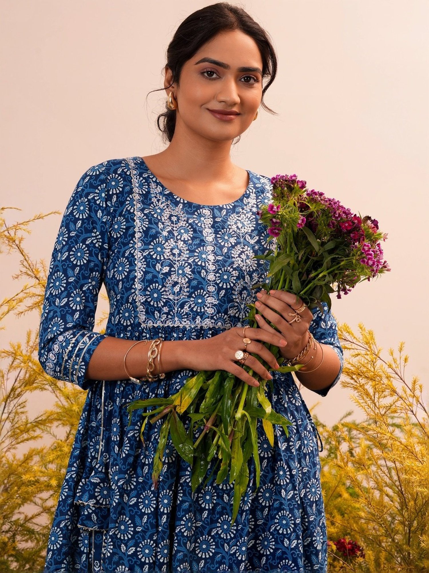 Libas Blue Cotton Printed Kurta Pant Set