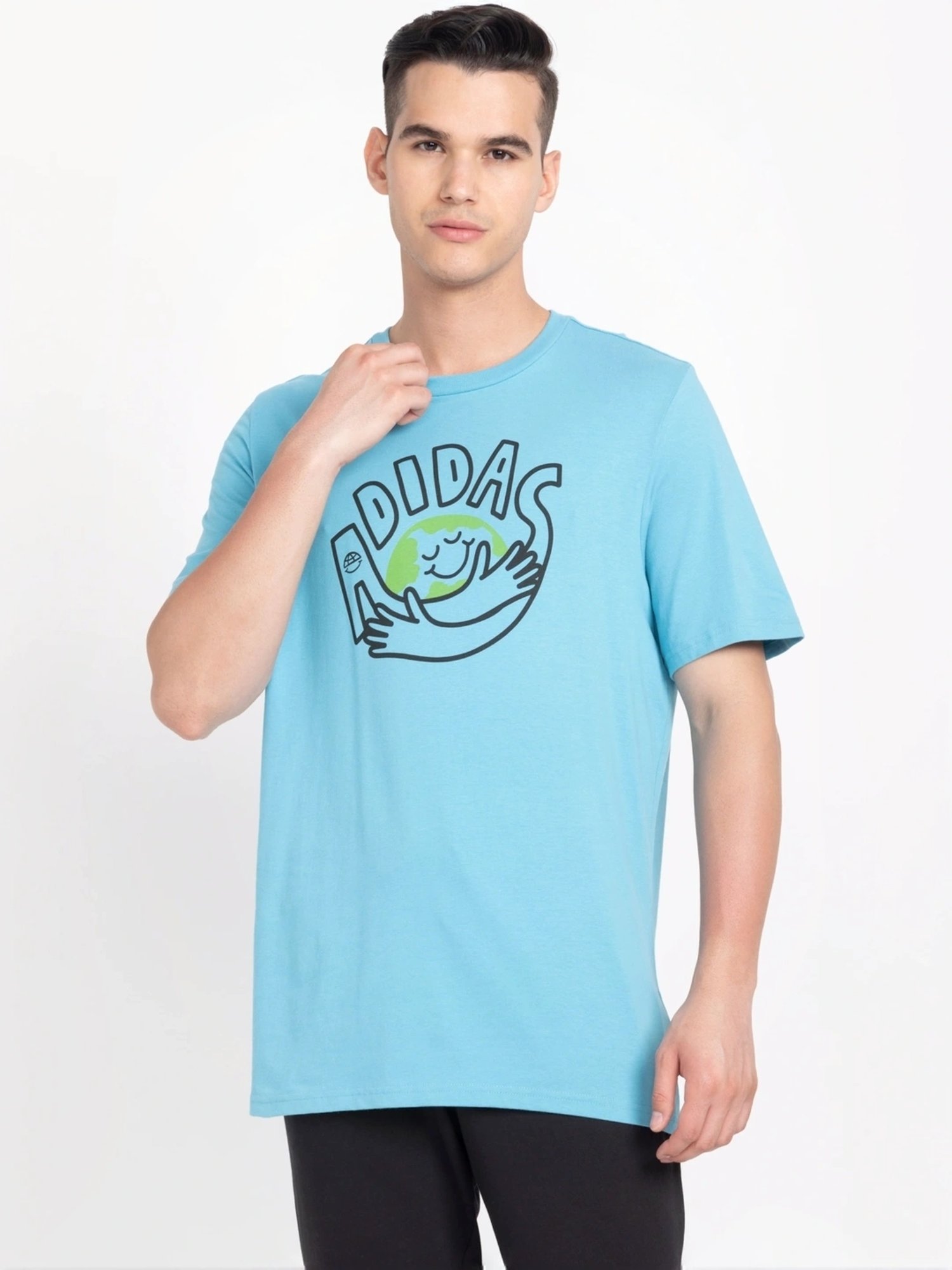 Adidas Blue Cotton Regular Fit Printed T-Shirt