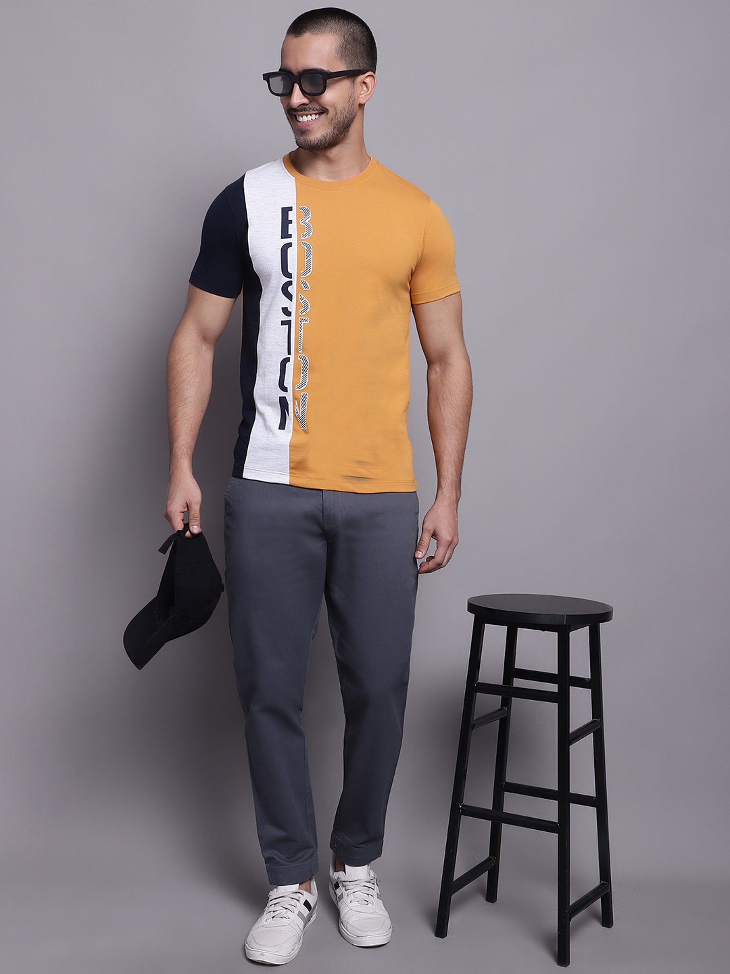 Cantabil Mustard Regular Fit Printed Crew T-Shirt