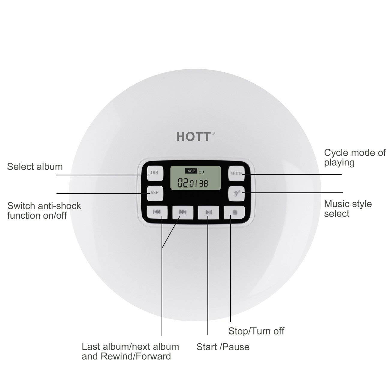 CD Player with Headphones, HOTT Personal CD Walkman Music Player with LCD Display, Skip Protection Shockproof Anti Scratch Function, Support CD, MP3 CD, CD-R, CD-RW Format - Black