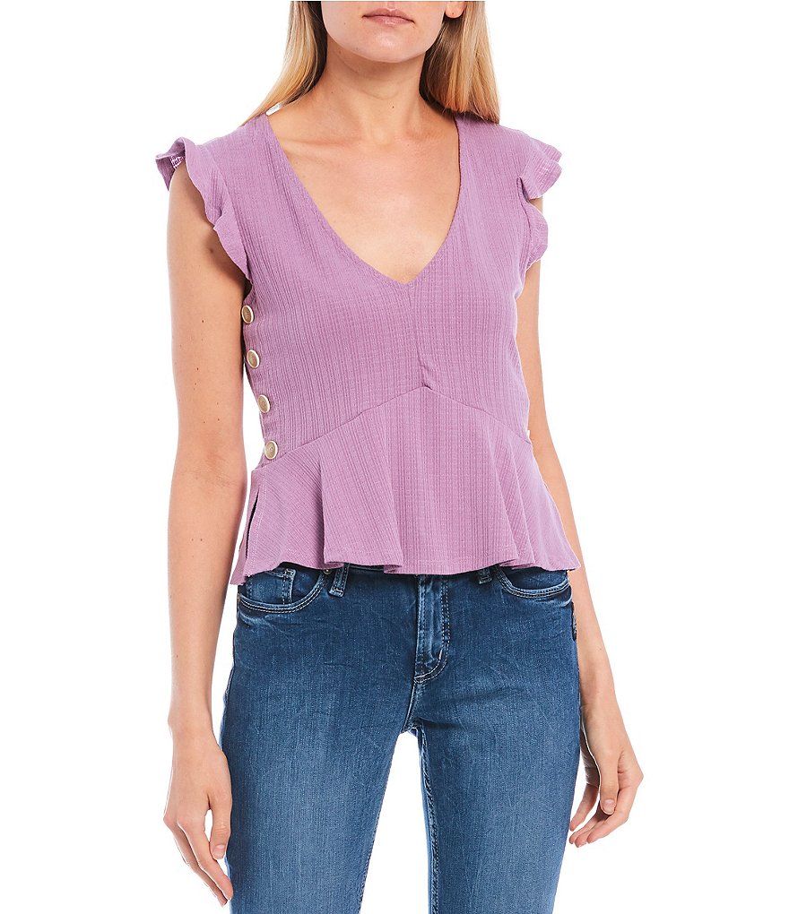 Love & Piece Ruffle Sleeve V-Neck Flounce Hem Top