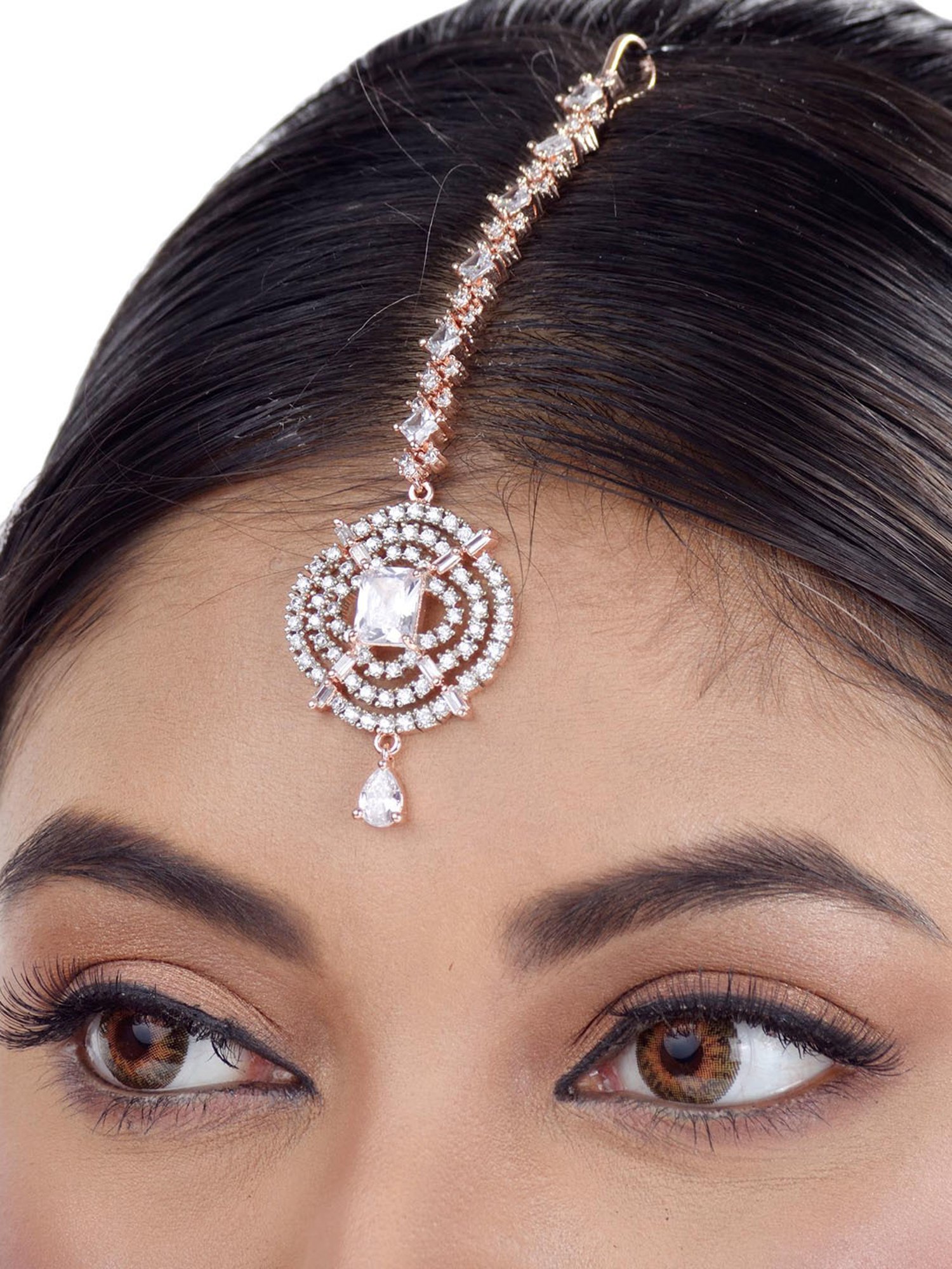 Saraf Rs Jewellery Solitaire Maang Tikka American Diamond Studded Gold Plated For Women & Girls