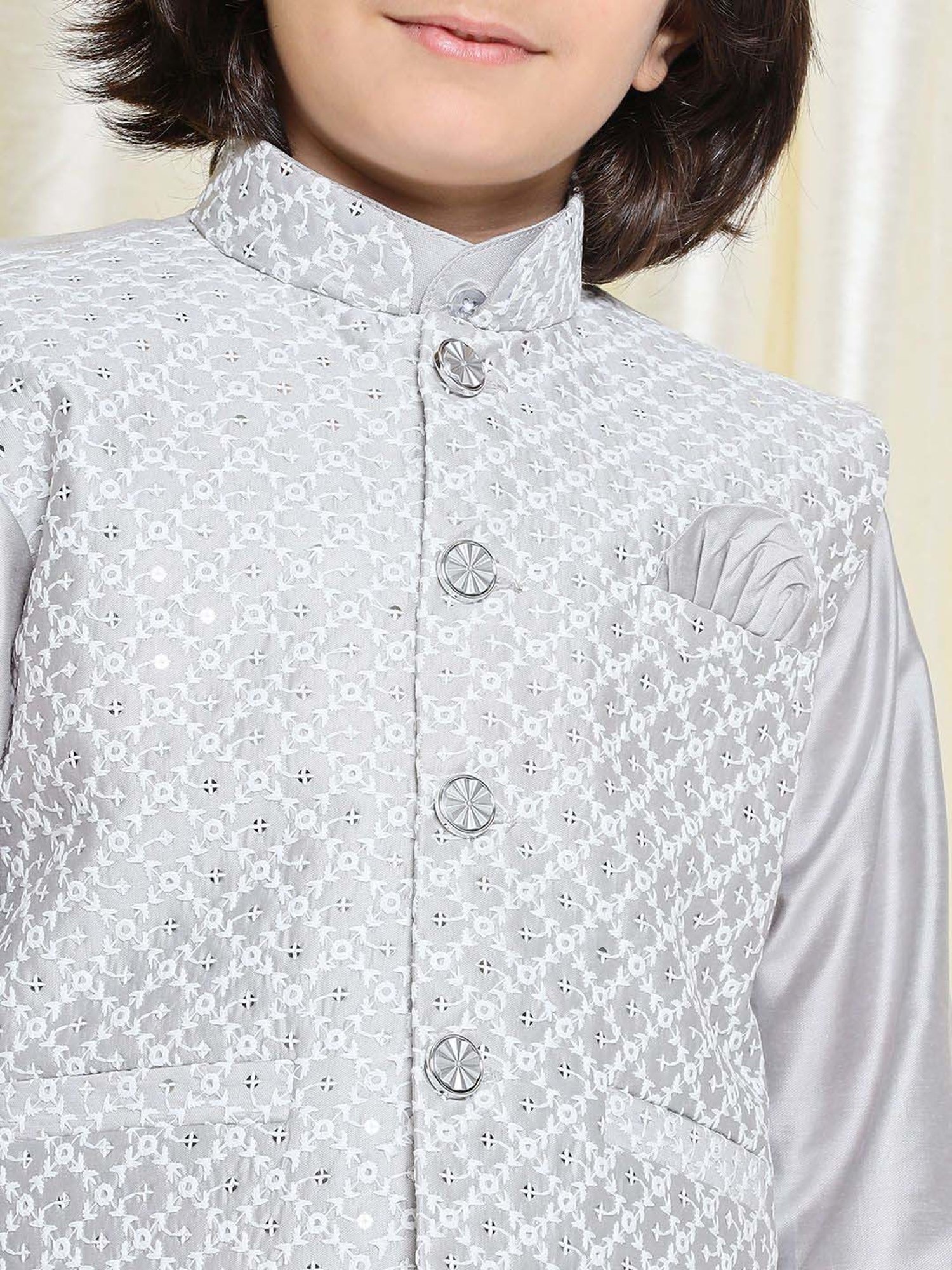 AJ Dezines Kids Grey Embroidered Full Sleeves Kurta Set