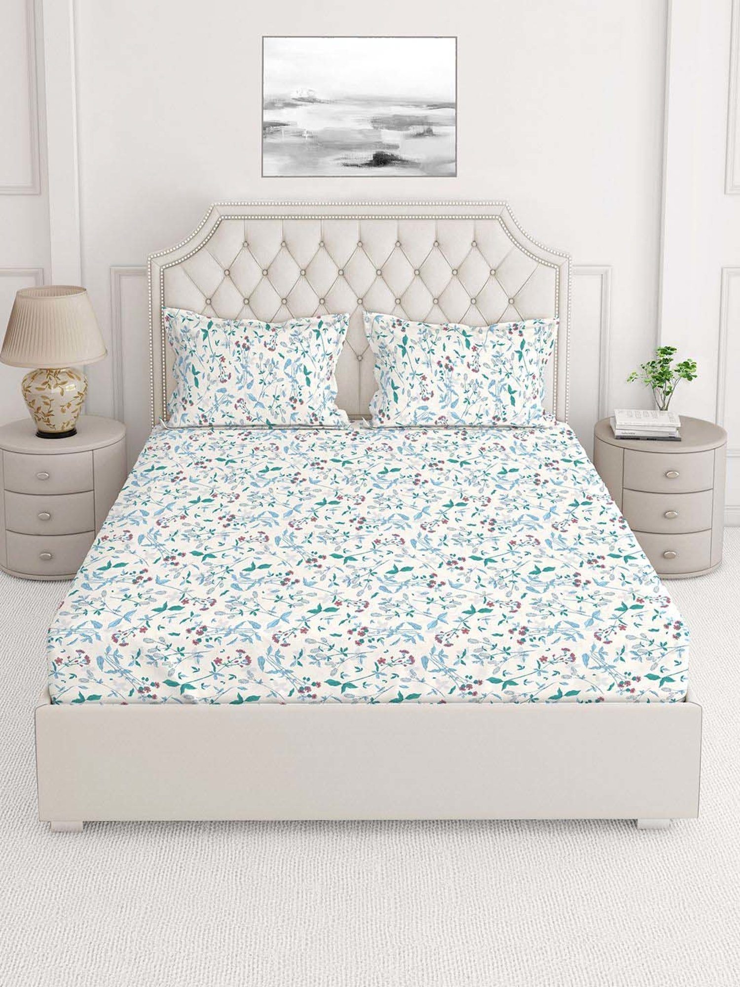 Layers Firenze Blue Cotton 140 TC Double Size Bed Sheet with Pillow Cover