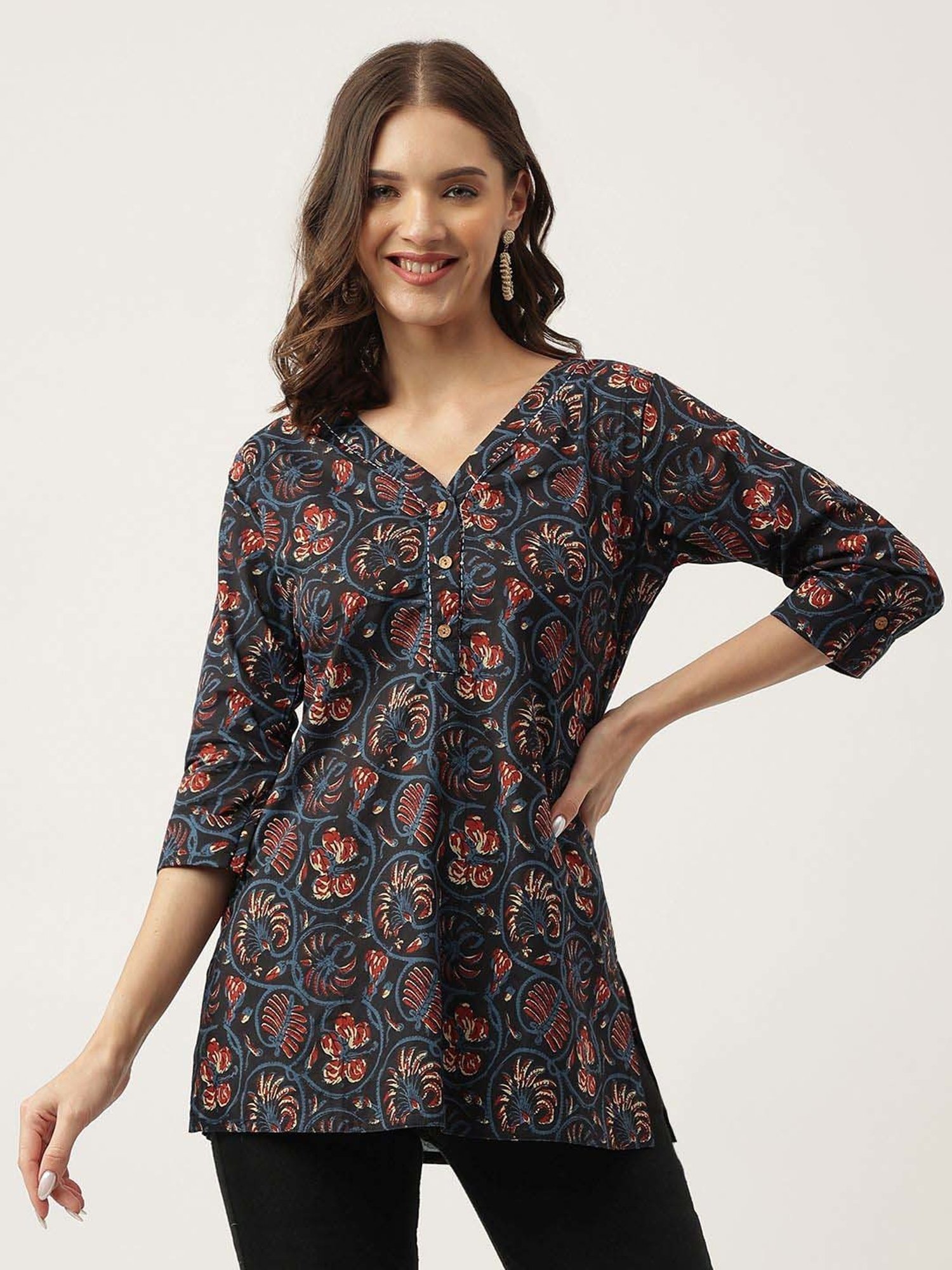 Divena Navy Cotton Floral Print Top