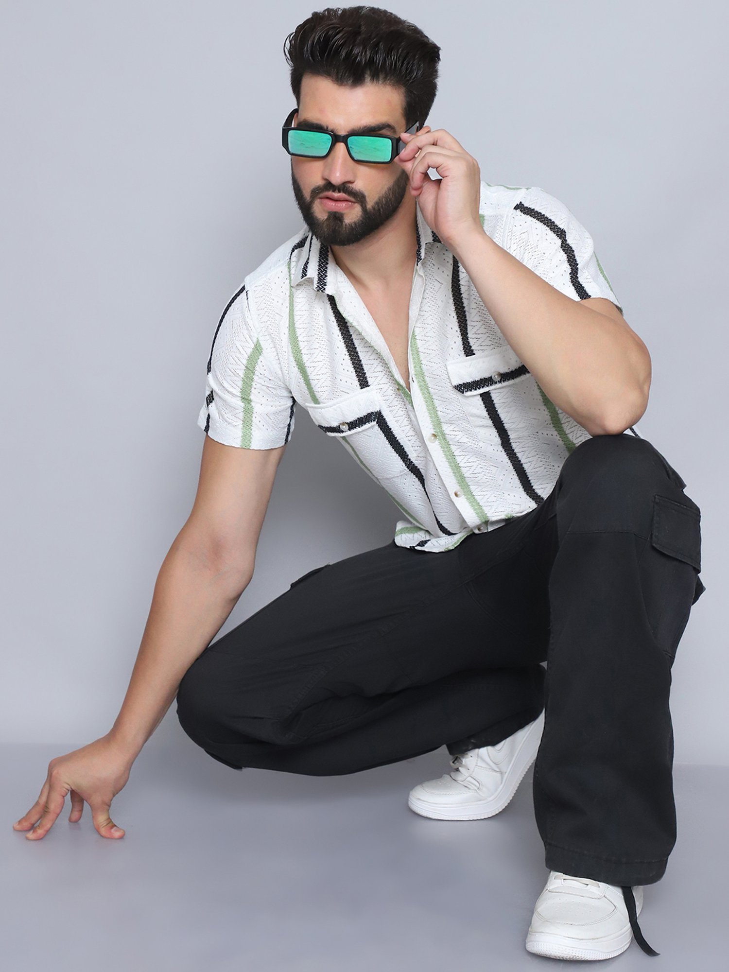 Indian Needle Green Polycotton Regular fit Stripes Casual Shirt