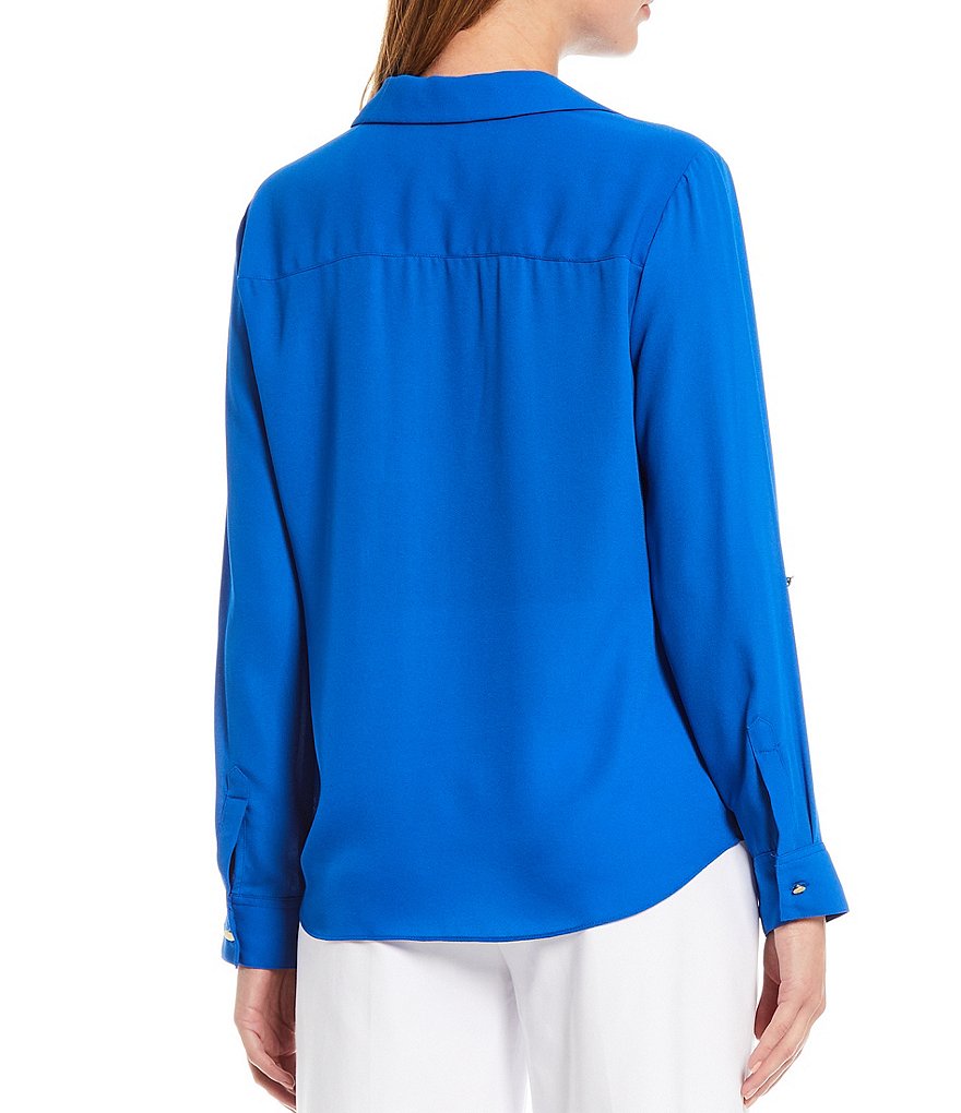 Investments Solid Point Collar Neck Button-Front Long Sleeve Tie-Front Top