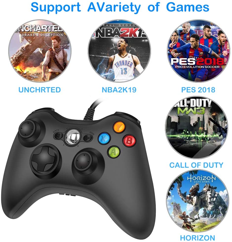 360 PC Game Wired Controller for Microsoft Xbox 360 and Windows PC (Windows 10/8.1/8/7) with Dual Vibration and Ergonomic Wired Game Controller (Black 1)