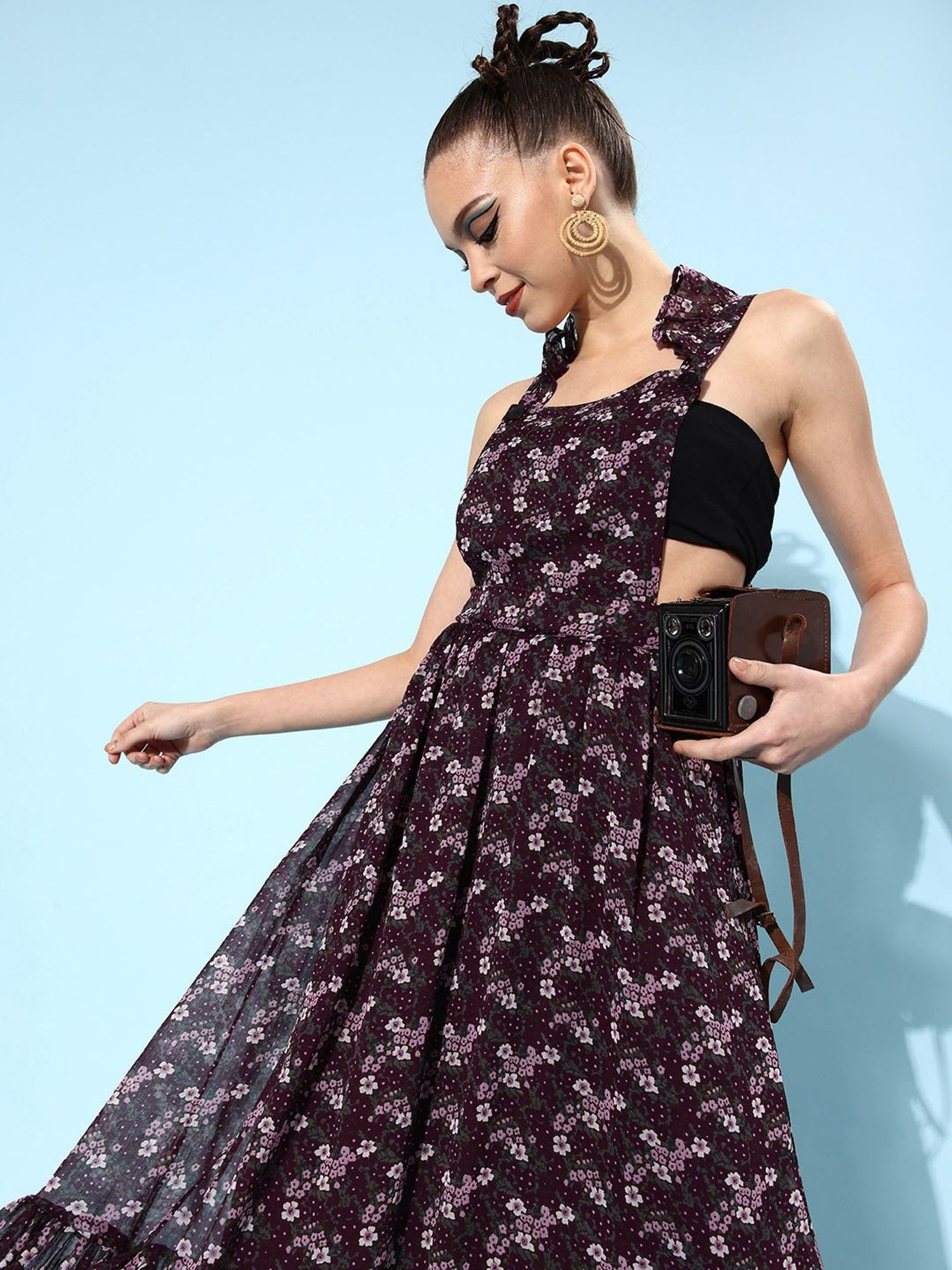QUIERO Wine Floral Print Fit & Flare Dress