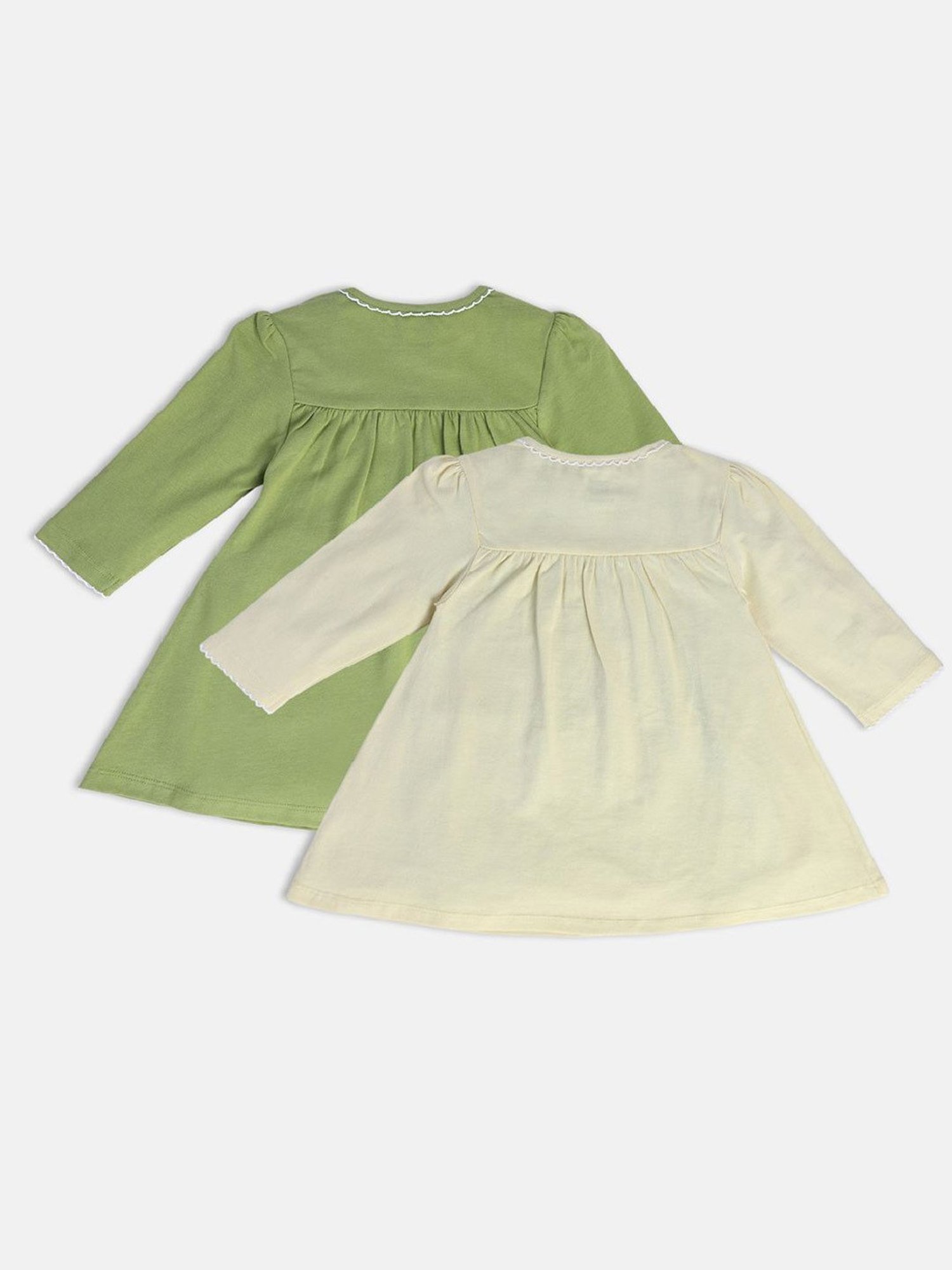 MINIKLUB Kids Green & Yellow Solid Full Sleeves Dress (Pack Of 2)
