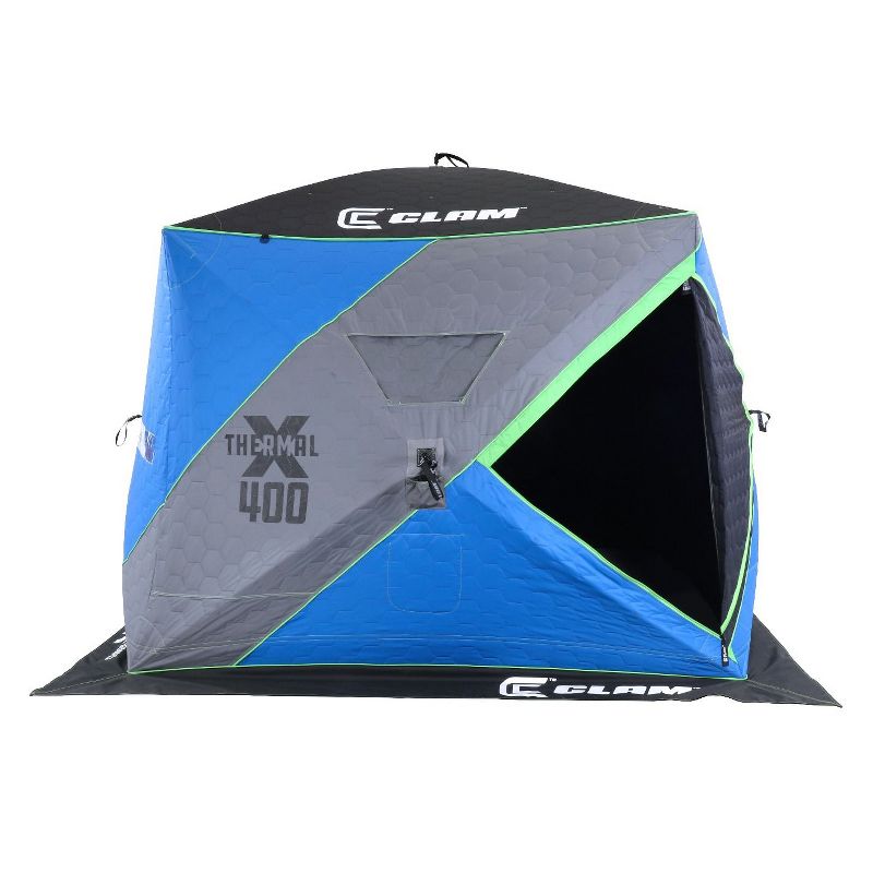 CLAM 14469 X400 Portable 4 to 6 Person 6.83 Foot Pop-Up Ice Fishing Angler Thermal Hub Shelter Tent with Anchors, Tie Ropes, and Carrying Bag
