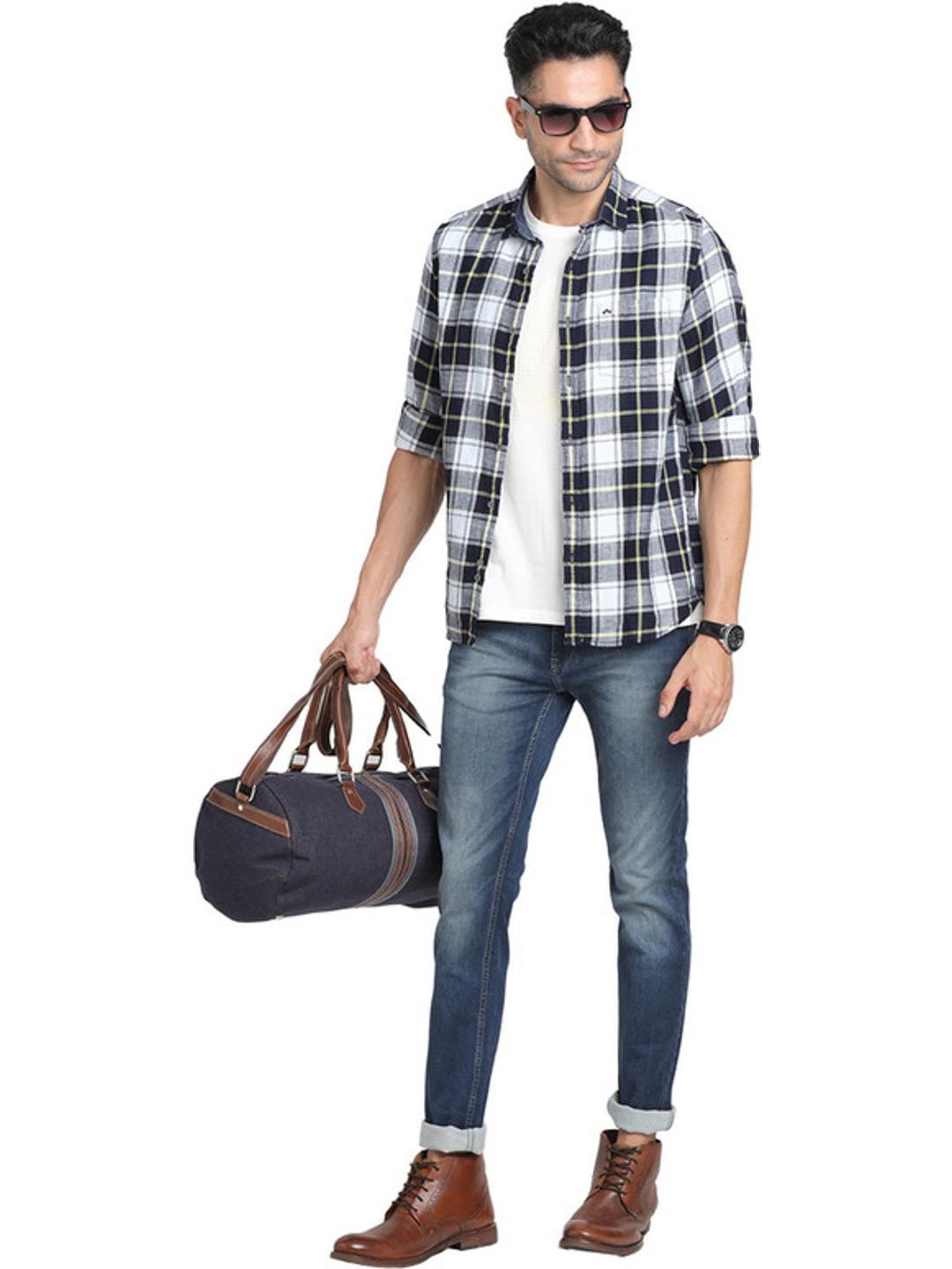 Turtle Black & White Slim Fit Checks Shirts