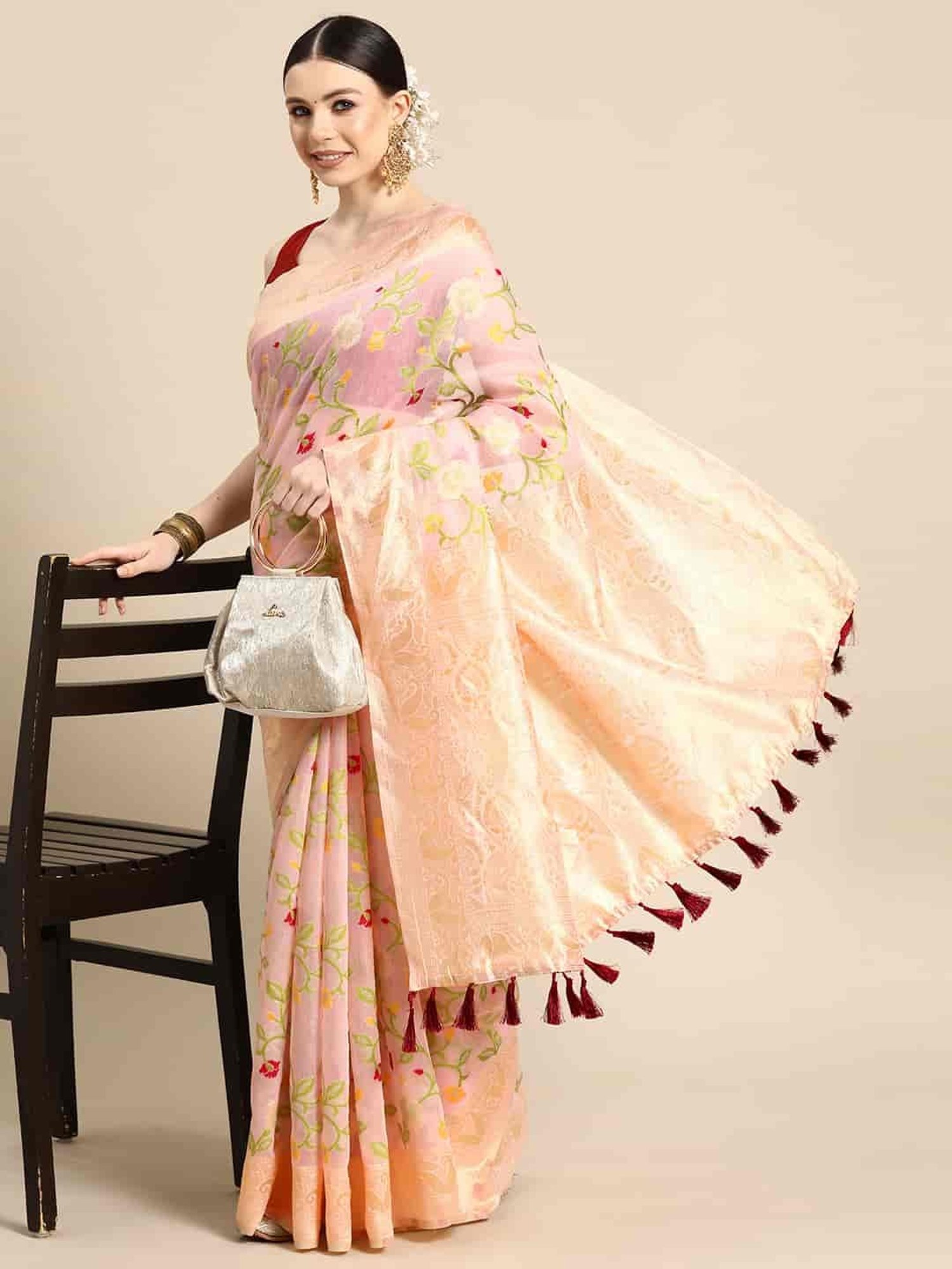 Silk Land Pink Cotton Woven Saree With Unstitched Blouse