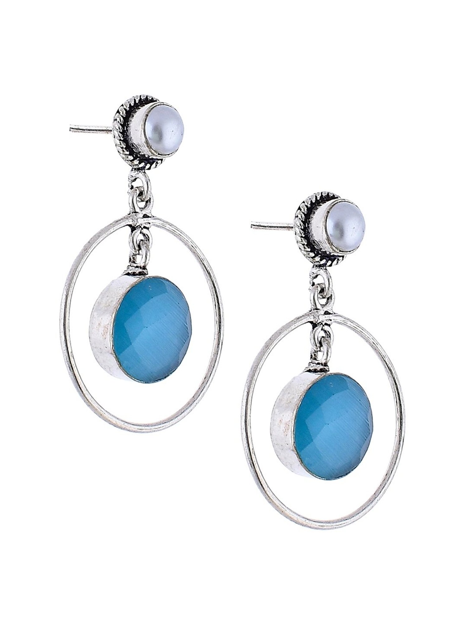 Imli Street Blue-White Silver Tone Stone-Studded Handcrafted Drop Earrings