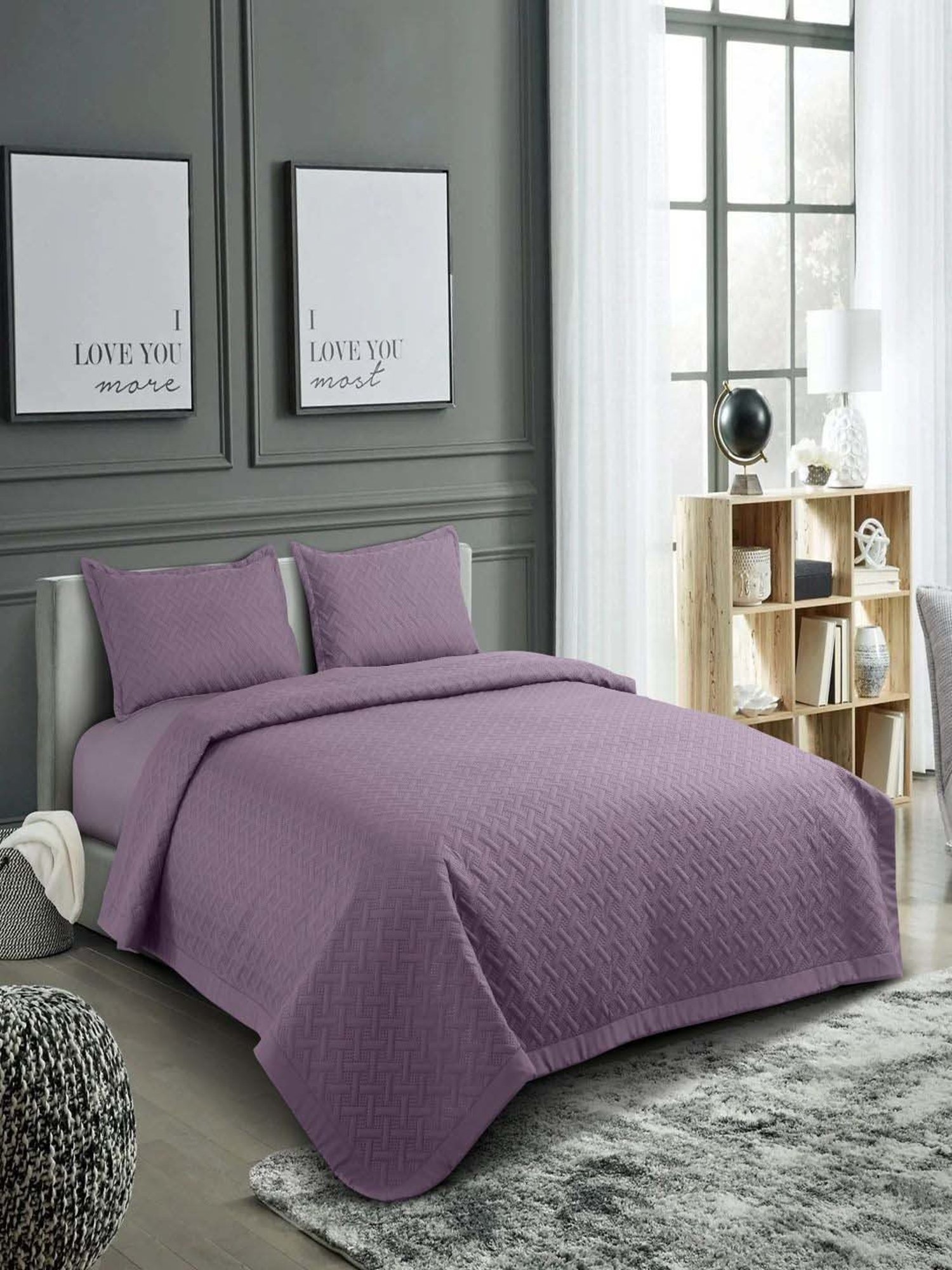 Hosta Homes Purple 280 TC Polycotton Quilted Queen Bedsheet with 2 Pillow Covers