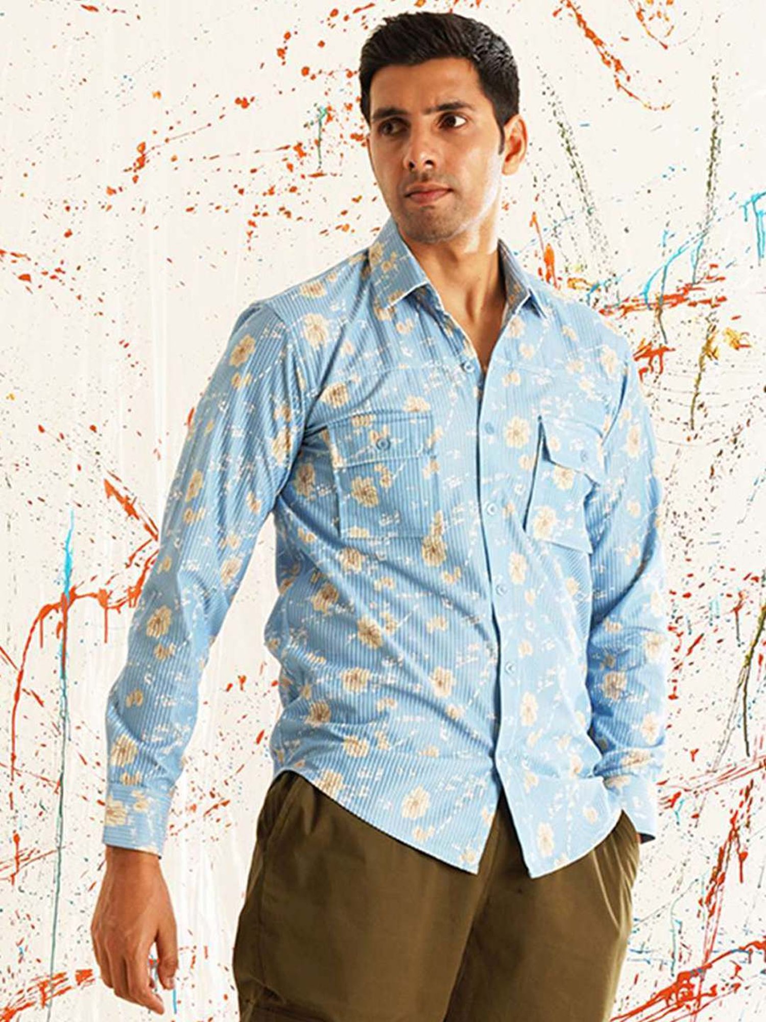 Indian Needle Blue Regular Fit Floral Print Shirt