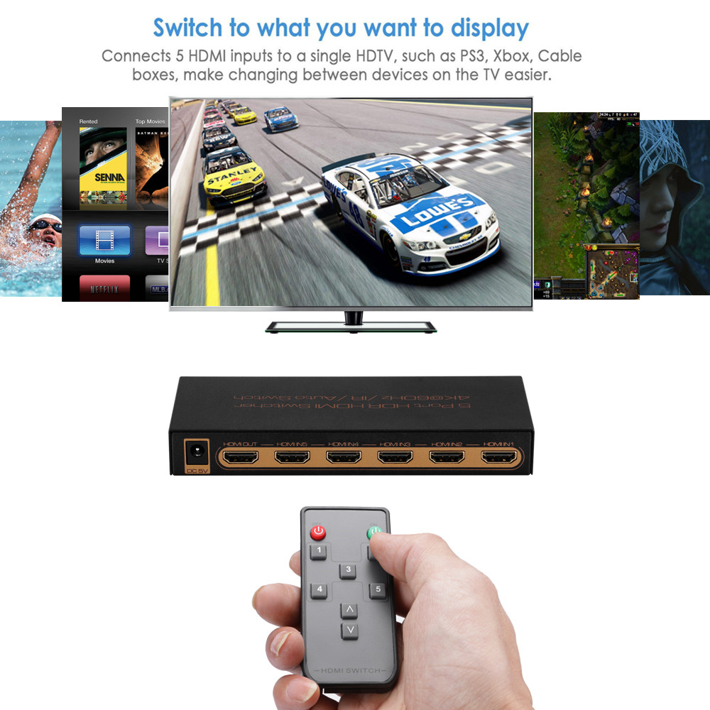 HDMI 2.0 Switch 5x1 Awakelion Premium Quality 4K x 2K/60Hz HDMI Switcher with IR Remote, Support HDR,HDMI 2.0, HDCP 2.2 ,Full HD/3D,1080P,DTS/Dolby (5 In 1 Out)