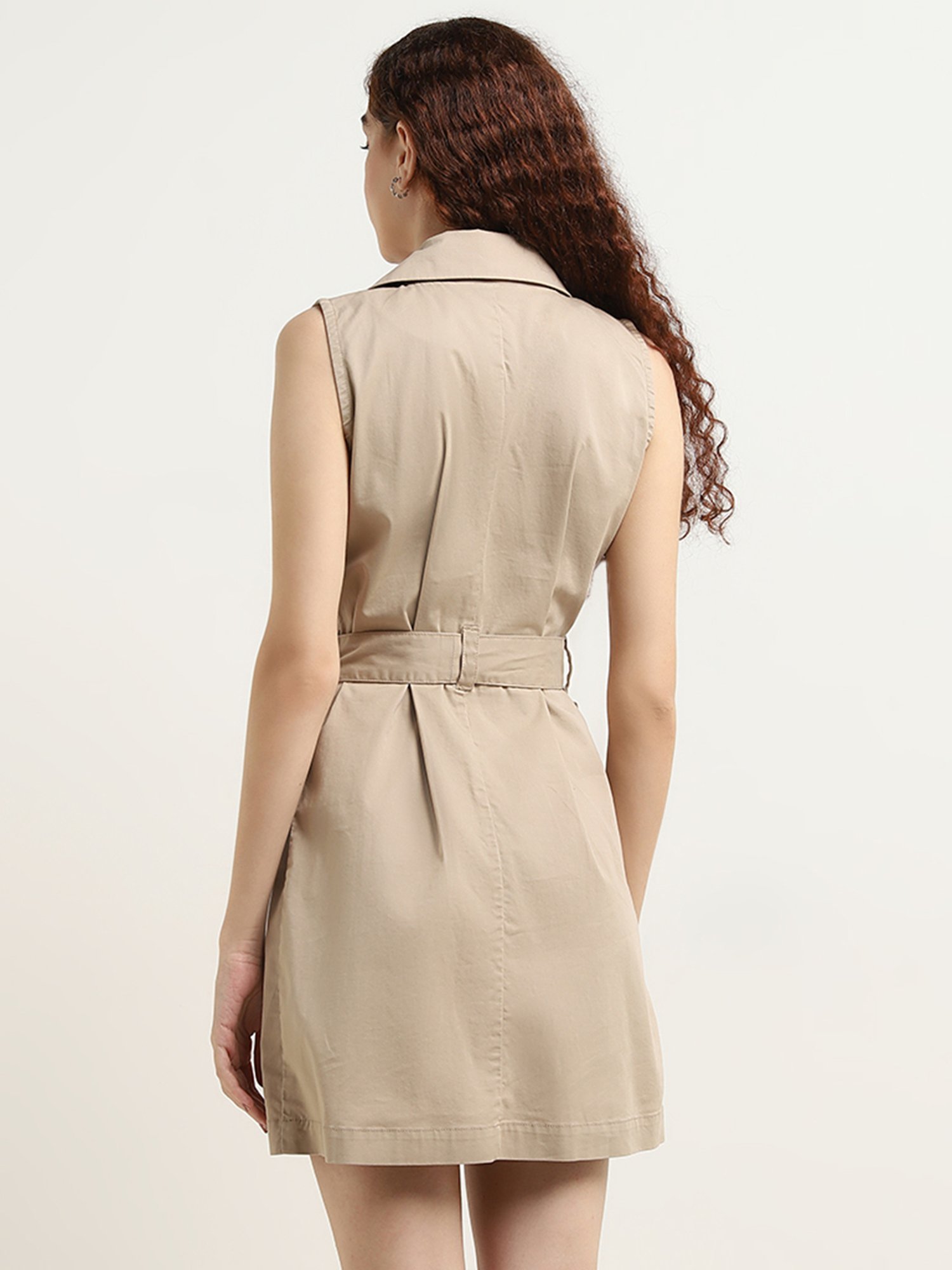 Nuon by Westside Beige Cotton Blend Shirt Dress with Belt